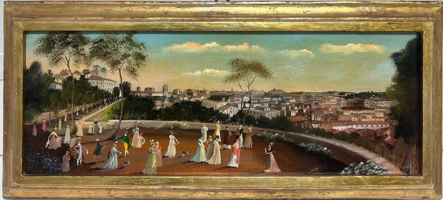 Elegant Figures Promenading in Park overlooking City of Florence Skyline, signed - Painting by Italian School
