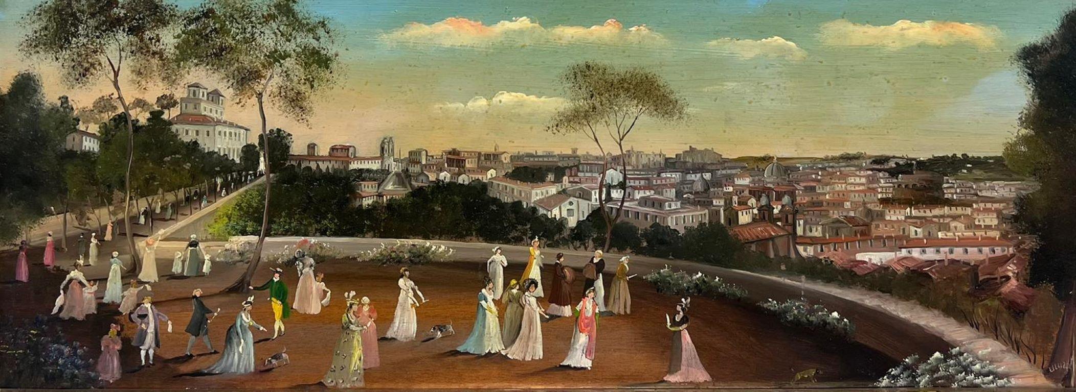 Italian School Landscape Painting - Elegant Figures Promenading in Park overlooking City of Florence Skyline, signed