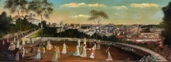 Elegant Figures Promenading in Park overlooking City of Florence Skyline, signed