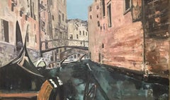 HUGE SIGNED ITALIAN OIL PAINTING - VENICE CANAL SCENE PAINTED FROM GONDOLA