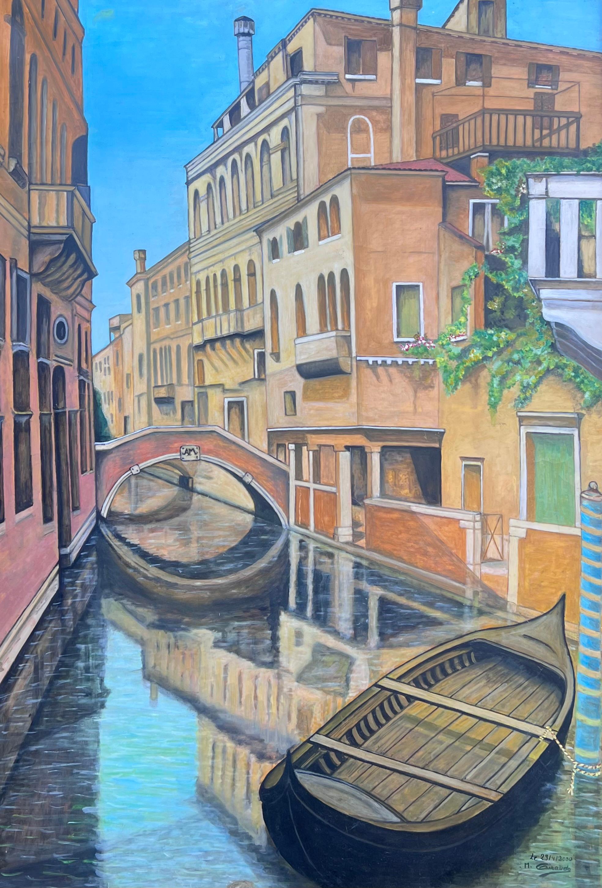 Enorme dipinto a olio firmato Tranquillo canale italiano Venezia Backwater Case antiche - Painting di Italian School