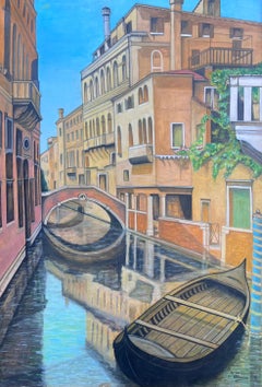 Huge Signed Oil Painting Tranquil Italian Canal Venice Backwater Old Houses