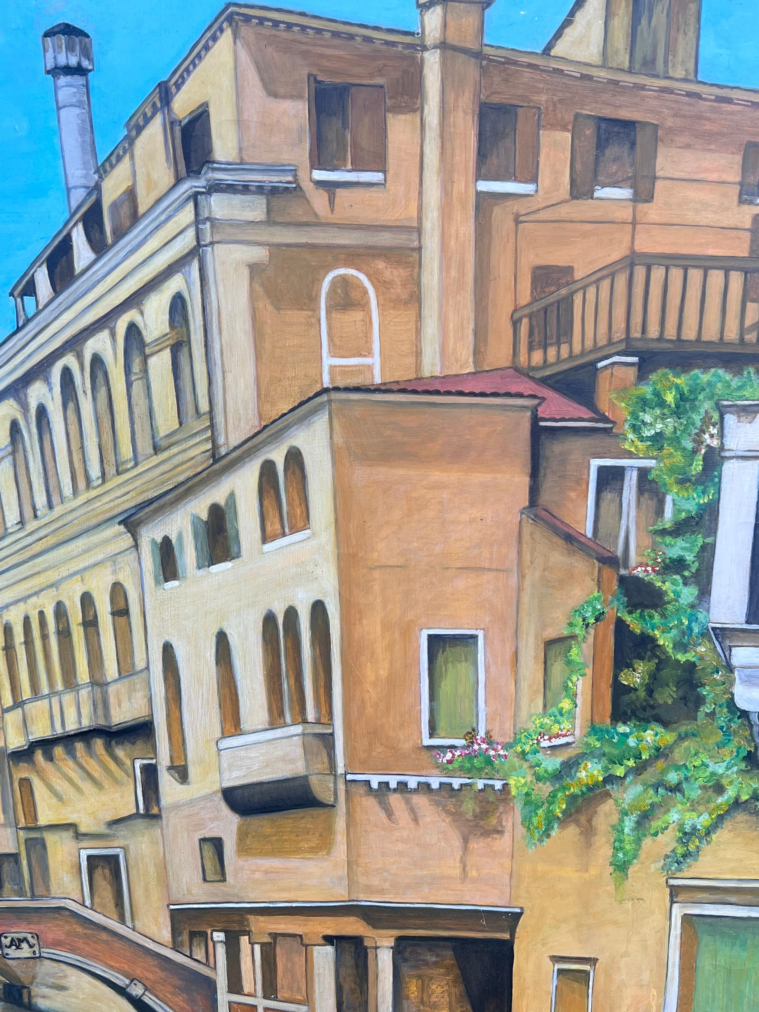 Enorme dipinto a olio firmato Tranquillo canale italiano Venezia Backwater Case antiche - Painting Impressionismo di Italian School