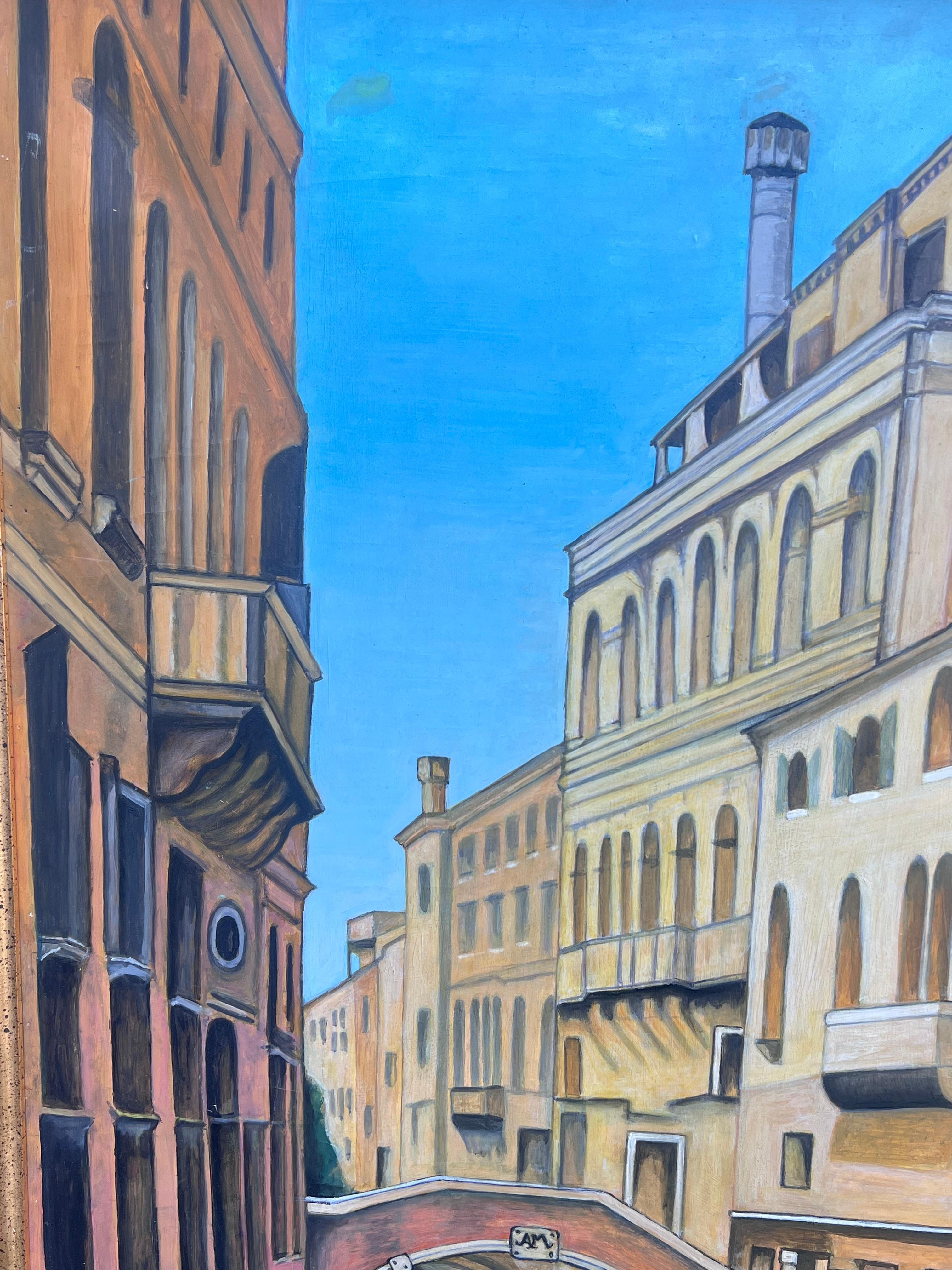 Enorme dipinto a olio firmato Tranquillo canale italiano Venezia Backwater Case antiche - Landscape Painting Grigio di Italian School