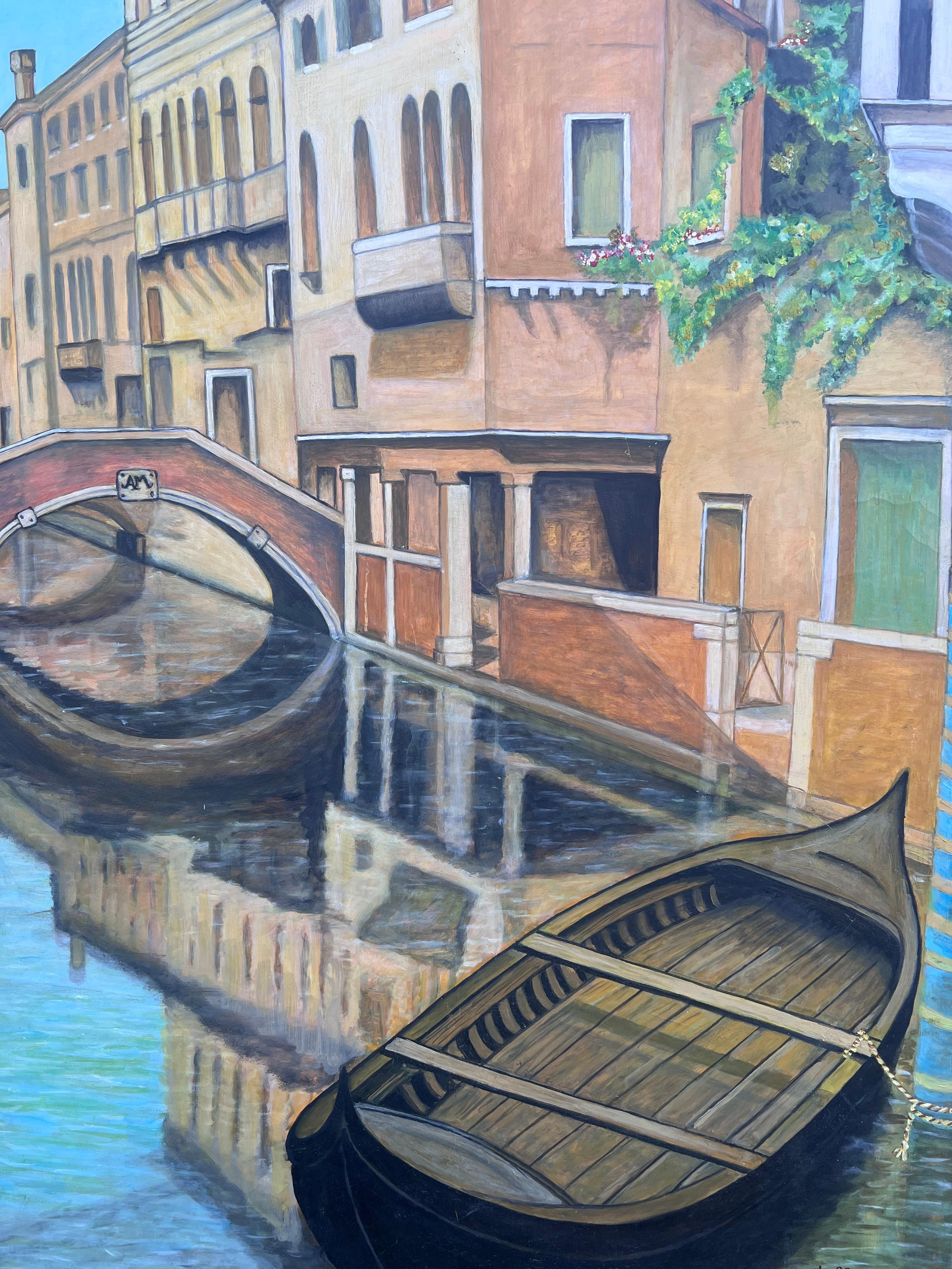Enorme dipinto a olio firmato Tranquillo canale italiano Venezia Backwater Case antiche in vendita 1