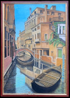 Grande peinture à l'huile signée Tranquil Italian Canal Venice Backwater Old Houses