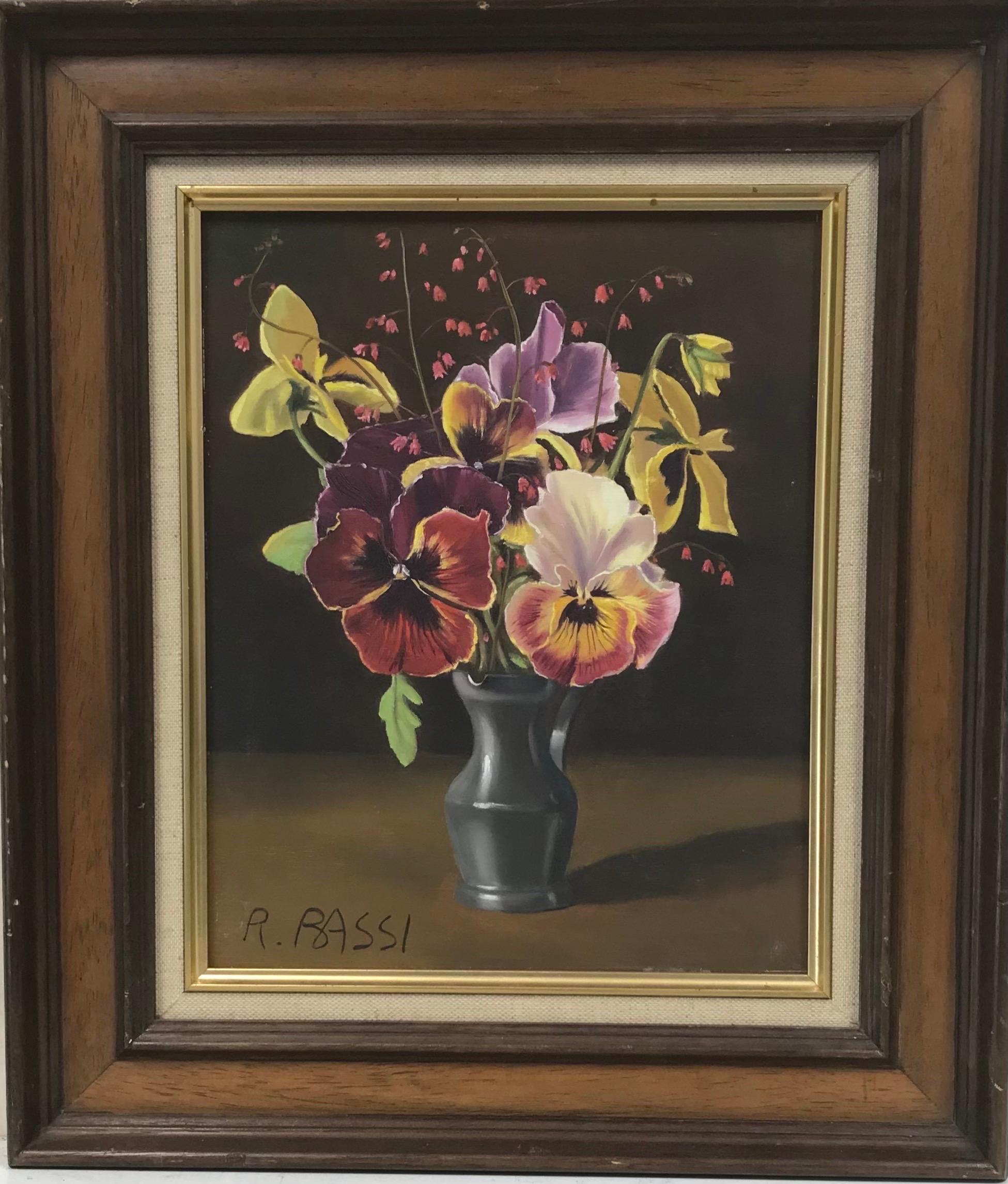 Signiertes italienisches Ölgemälde Realistische Blumen in Zinnvase, Peonies, signiert – Painting von Italian School