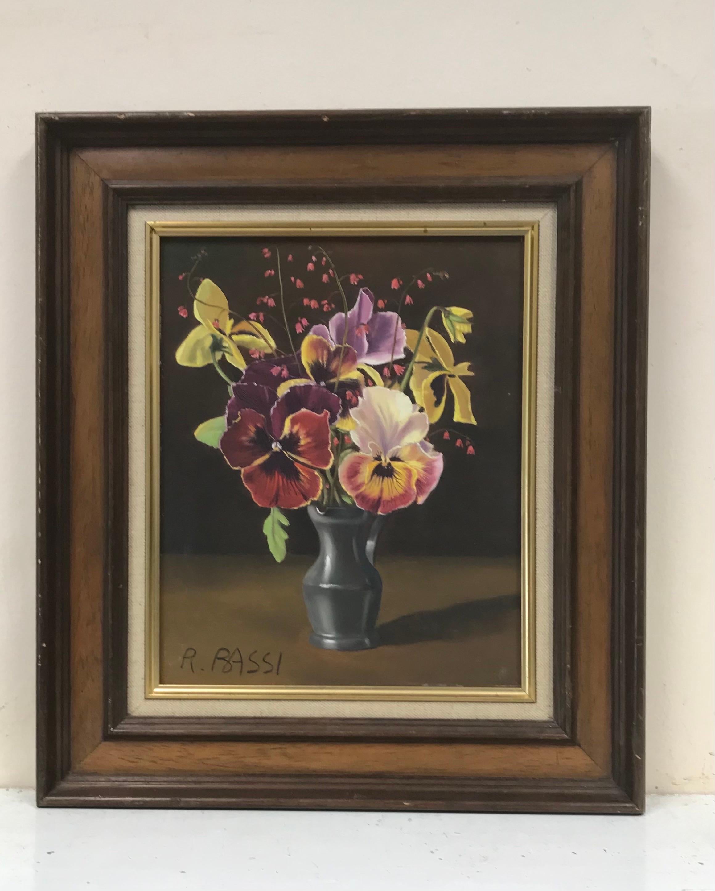 Signed Italian Oil Painting Realist Flowers in Pewter Vase, Peonies - Black Still-Life Painting by Italian School
