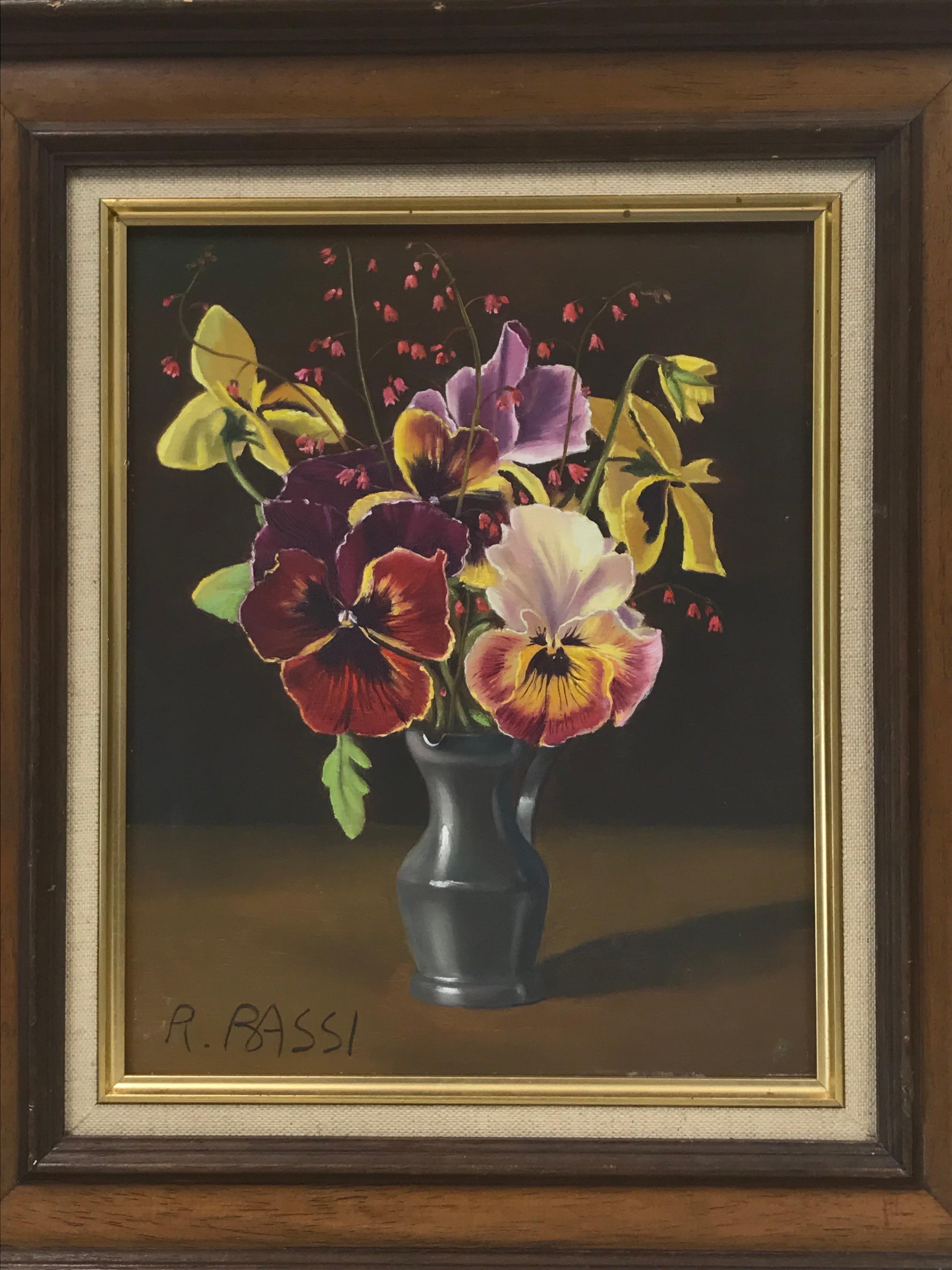 Artist/ School: Italian School, signed lower left, 20th century

Title: Flowers in a Pewter Vase

Medium: oil painting on board , framed 

Size:
framed: 15.5 x 13.5 inches
painting: 10.75 x 8.75 inches

Provenance: private collection,