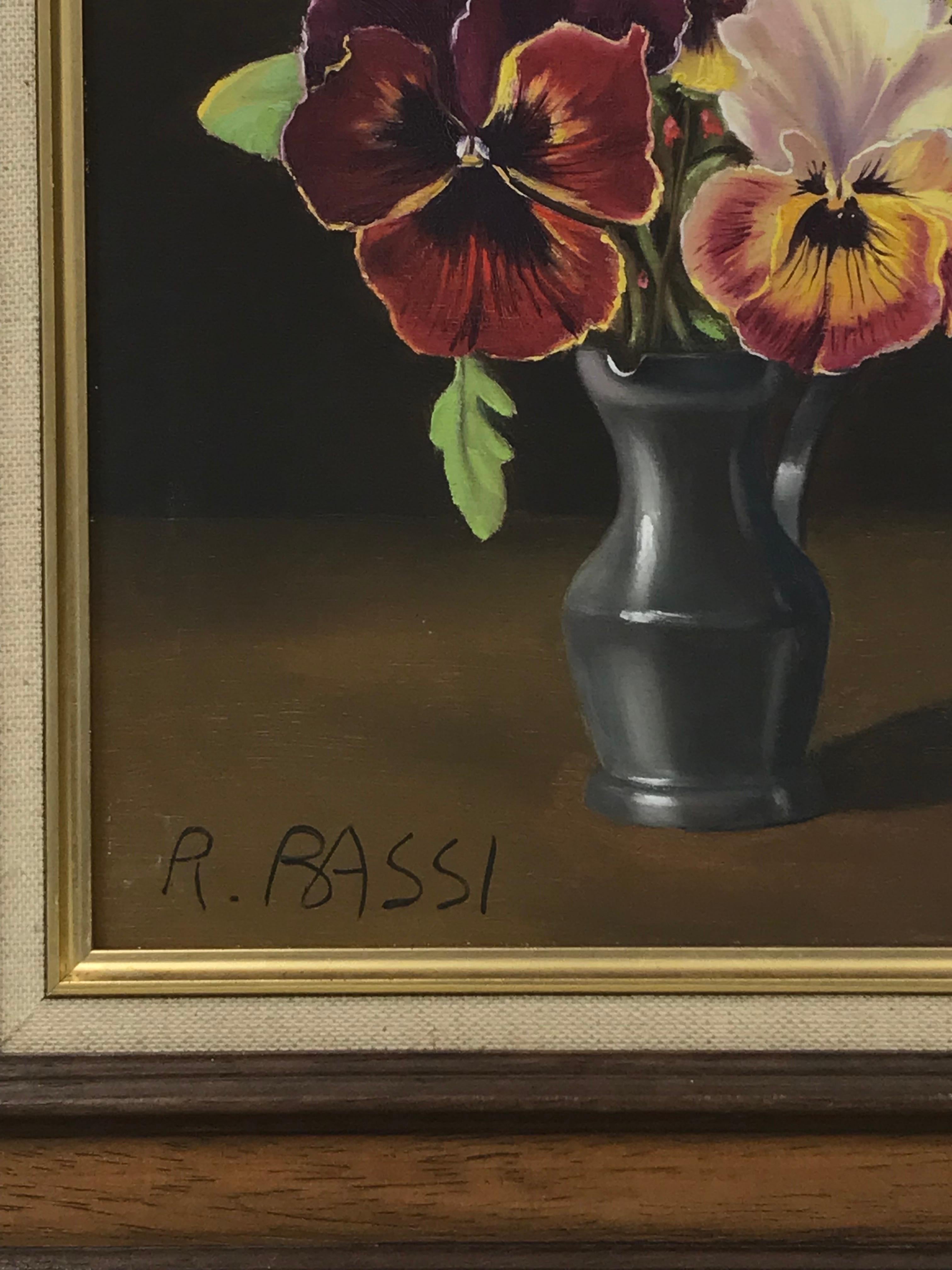 Signed Italian Oil Painting Realist Flowers in Pewter Vase, Peonies For Sale 2