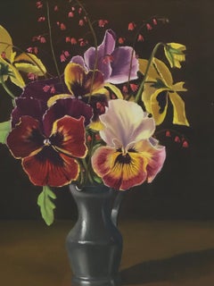 Signed Italian Oil Painting Realist Flowers in Pewter Vase, Peonies