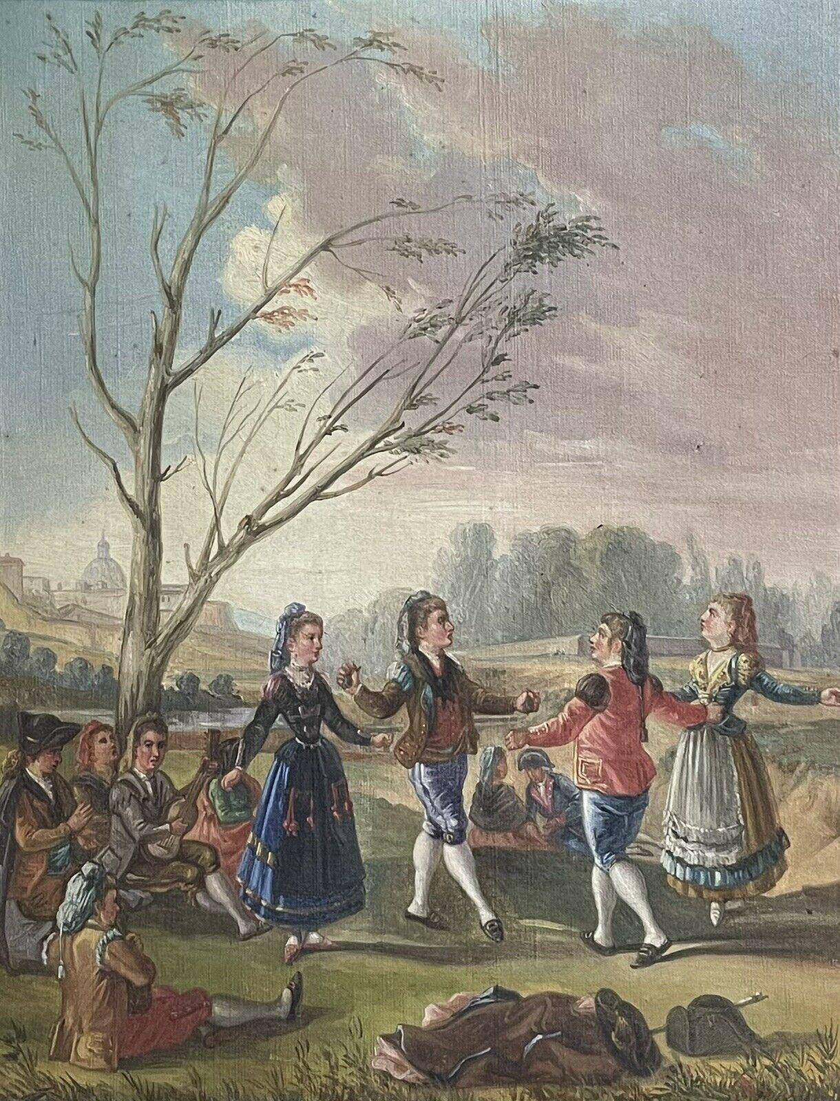 Artist/ School: Italian School, early 19th century

Title: Figures Dancing

Medium: oil painting on canvas, framed

Size:  painting: 16 x 12.5 inches, frame: 21 x 17.5 inches

Provenance: private collection.

Condition: The painting is in very good