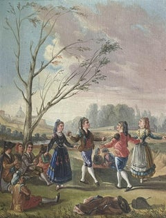 EARLY 19TH CENTURY ITALIAN OIL PAINTING - FIGURES DANCING MERRYMAKING - GILT FRM