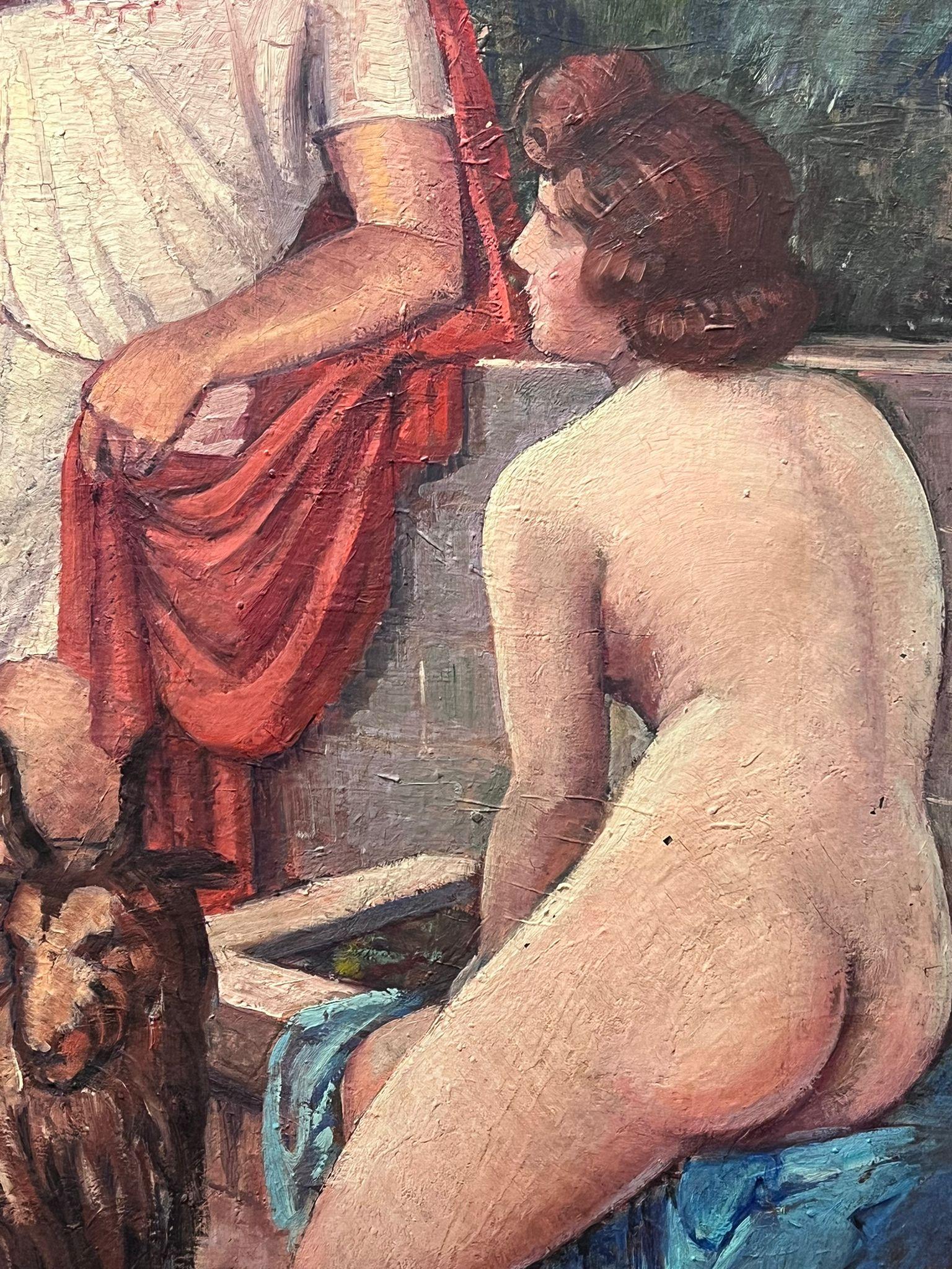 Riesige 1900's Italienisch Impressionist signiert Ölgemälde Shepherd Talking to Nude – Painting von Italian School