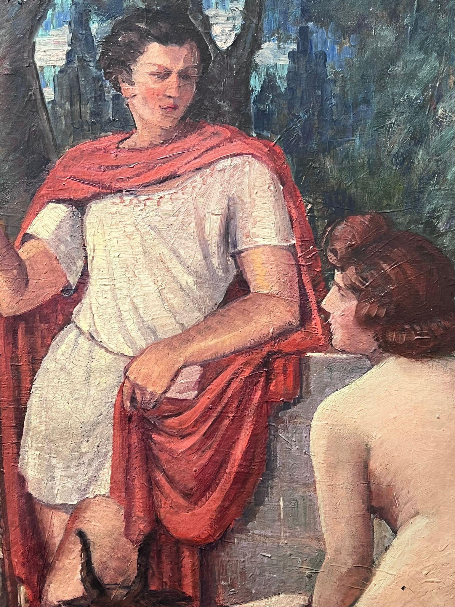 Huge 1900's Italian Impressionist Signed Oil Painting Shepherd Talking to Nude For Sale 2