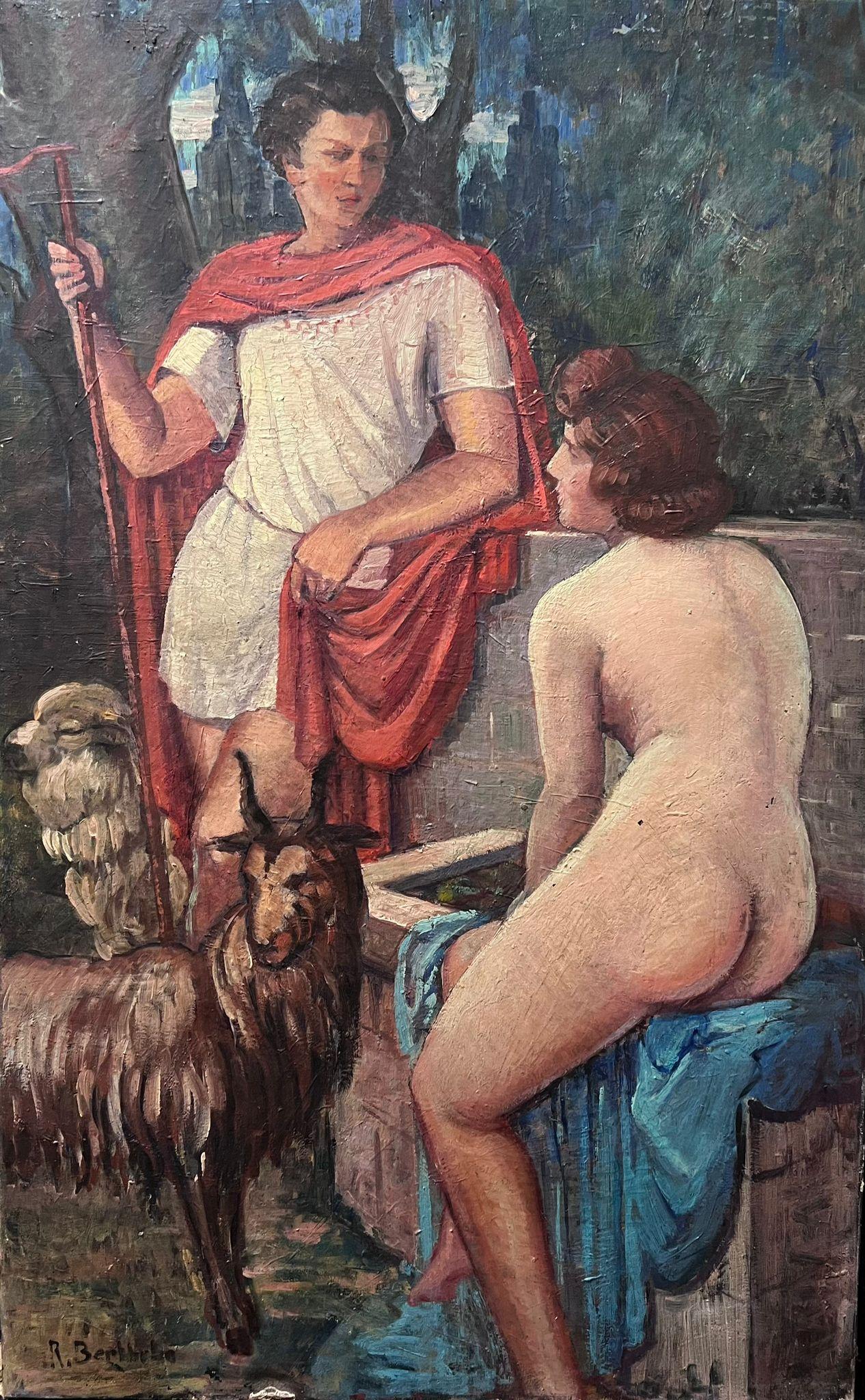 Italian School Nude Painting – Riesige 1900's Italienisch Impressionist signiert Ölgemälde Shepherd Talking to Nude