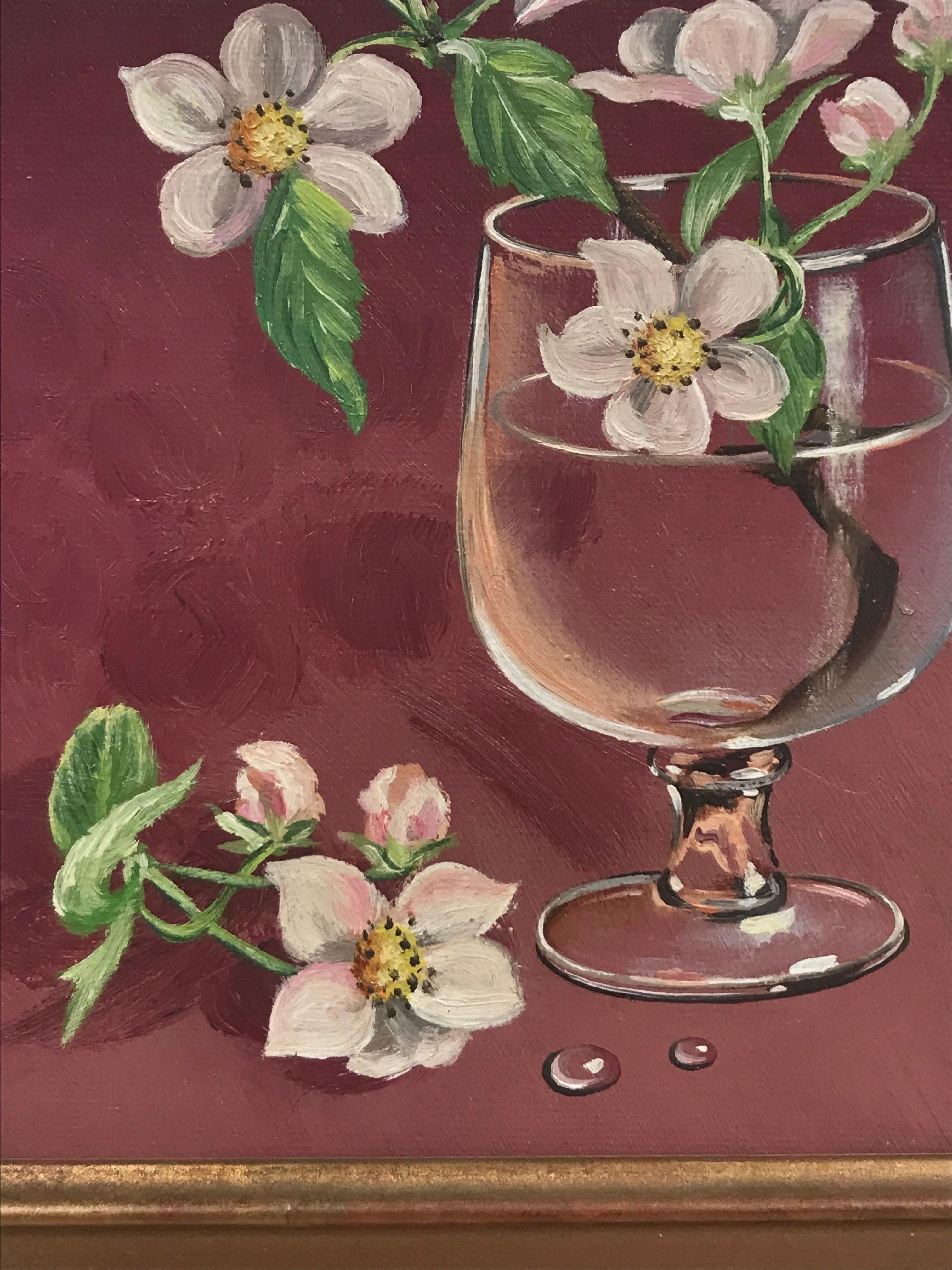 Italian 20th Century Signed Oil Painting Blossom Twig in Glass of Water - Brown Interior Painting by Italian School