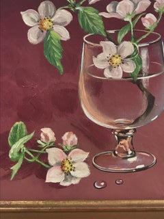Italian 20th Century Signed Oil Painting Blossom Twig in Glass of Water