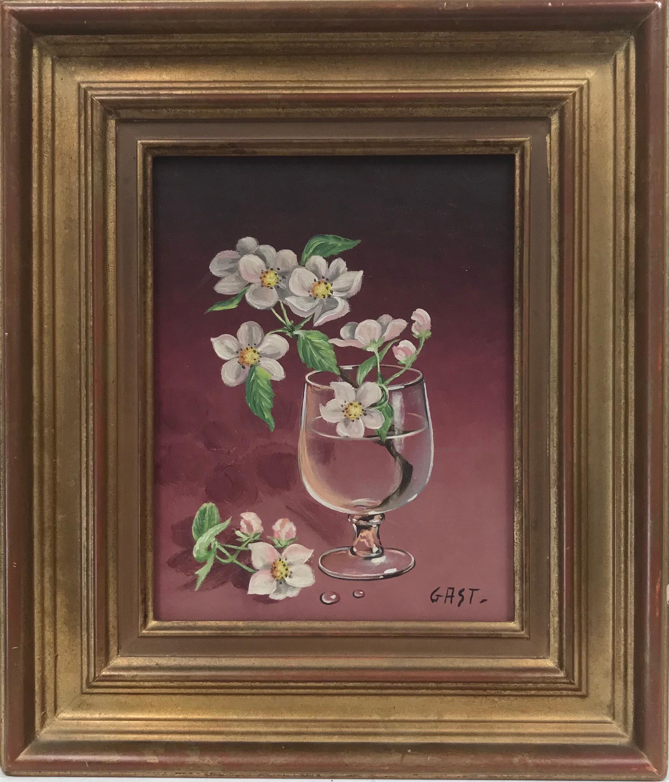 Artist/ School: signed lower right corner, Italian School, 20th century

Title: sprig of blossom in a clear glass with water. 

Medium: oil painting on canvas, framed 

Size:
framed: 14 x 12.5 inches
painting: 9.5 x 8 inches

Provenance: private