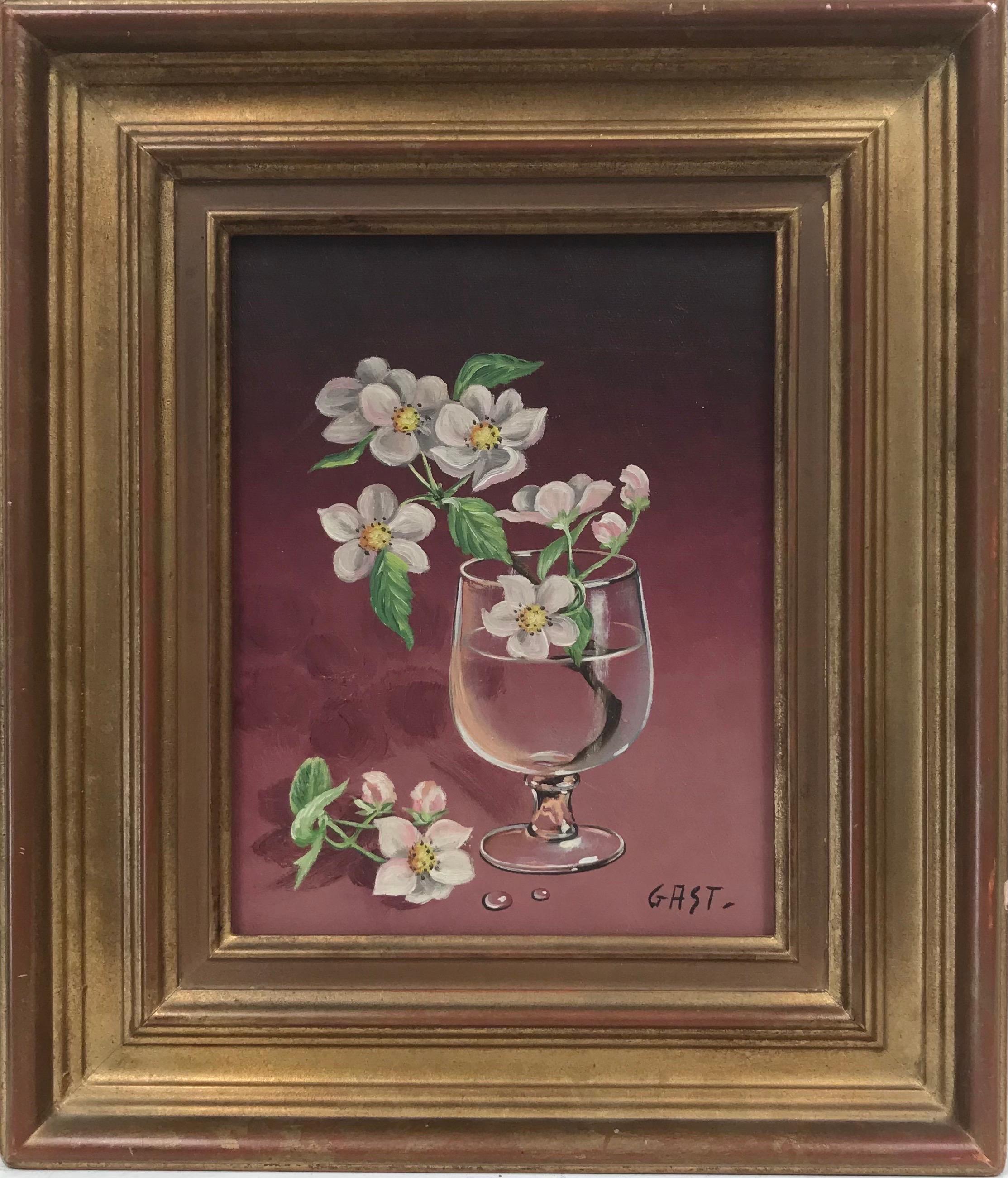 Pintura al óleo italiana del siglo XX firmada Ramita en flor en vaso de agua - Painting Realista de Italian School