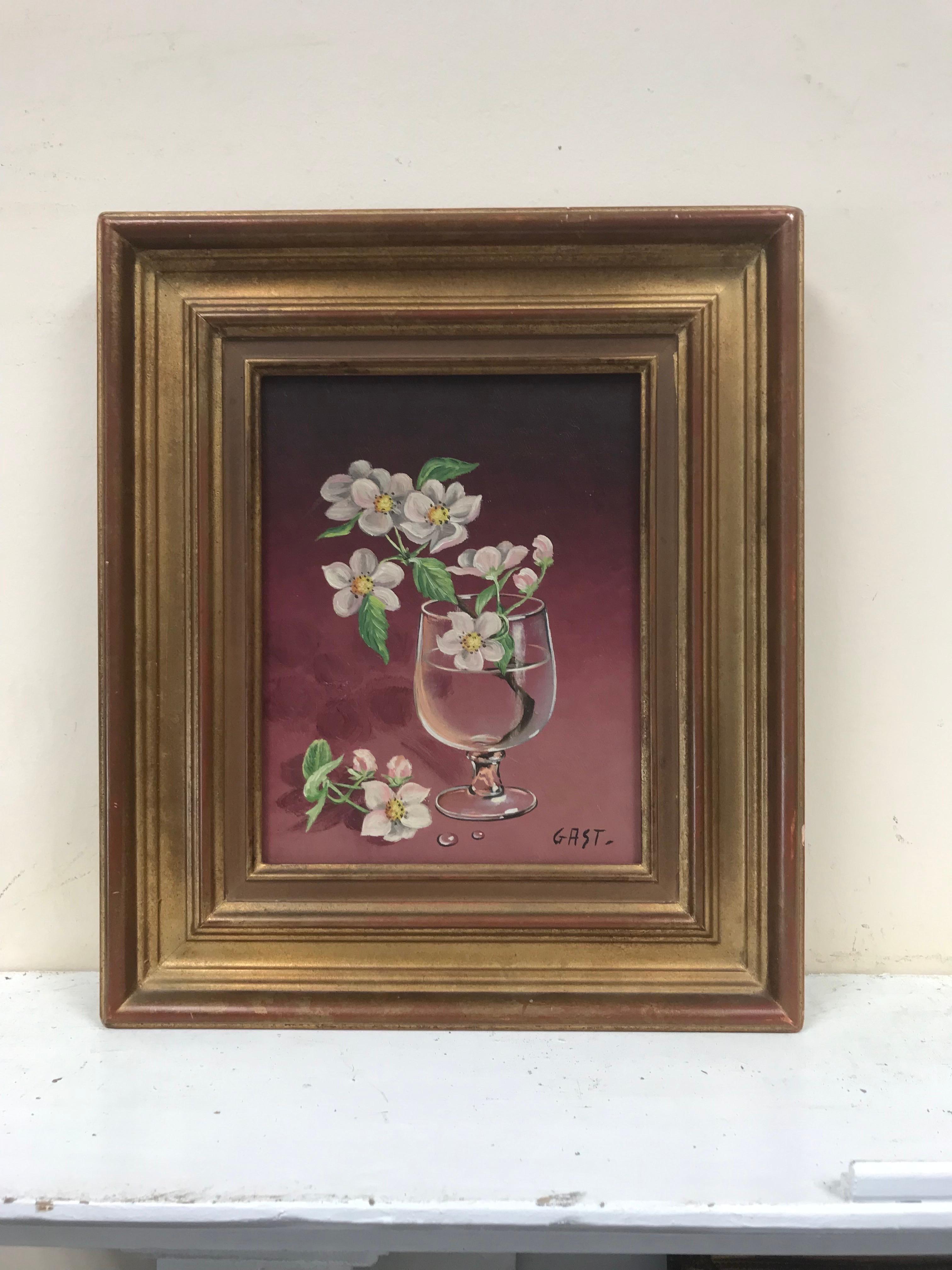 Italian 20th Century Signed Oil Painting Blossom Twig in Glass of Water For Sale 1
