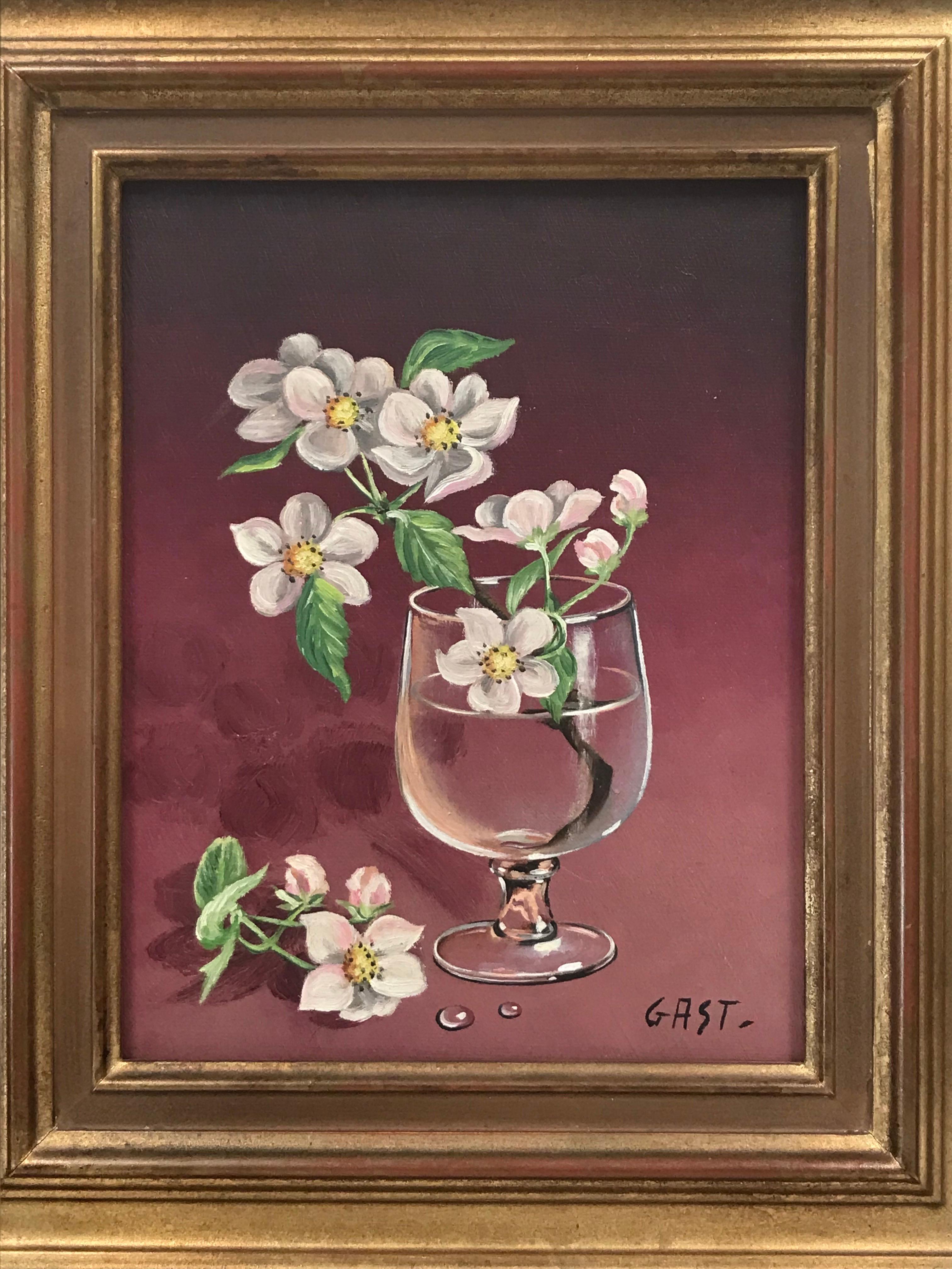 Italian 20th Century Signed Oil Painting Blossom Twig in Glass of Water For Sale 2