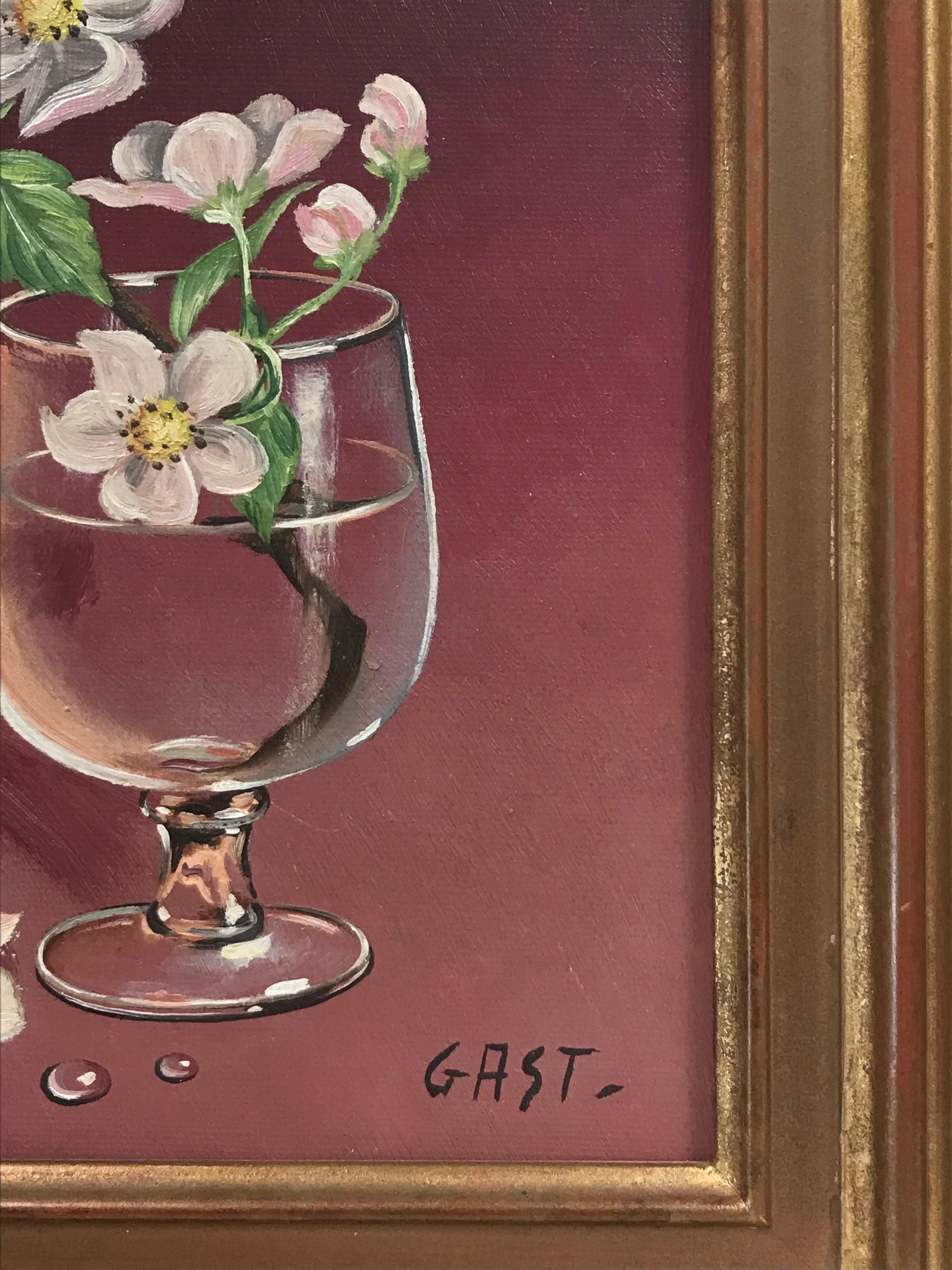 Italian 20th Century Signed Oil Painting Blossom Twig in Glass of Water For Sale 3