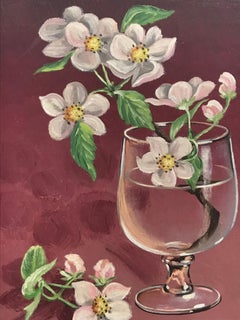 Italian 20th Century Signed Oil Painting Blossom Twig in Glass of Water