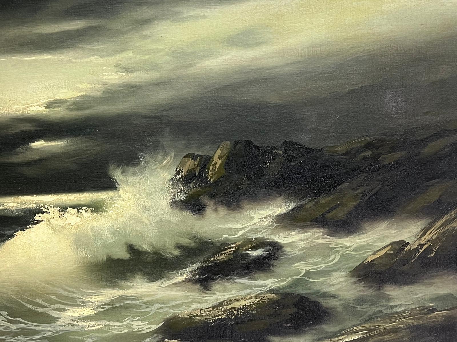 Large Italian 20th Century Signed Oil Painting Crashing Waves Moonlit Sea Coast 1