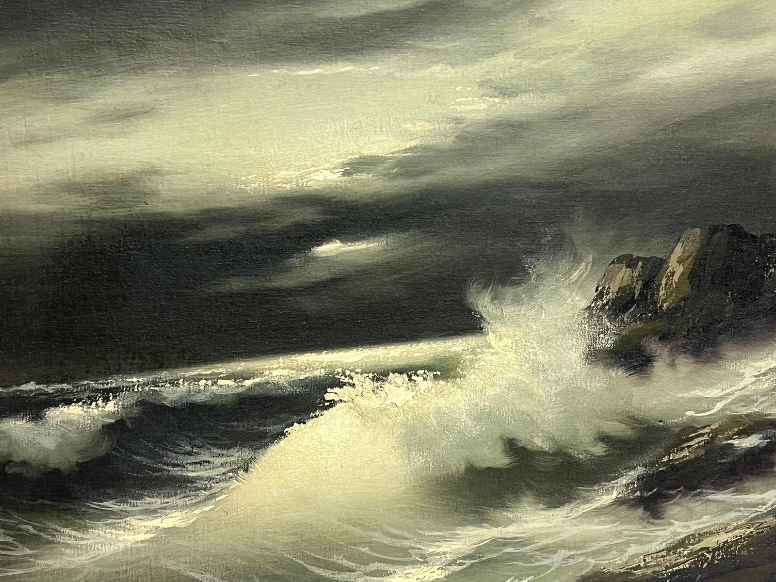 Large Italian 20th Century Signed Oil Painting Crashing Waves Moonlit Sea Coast 2