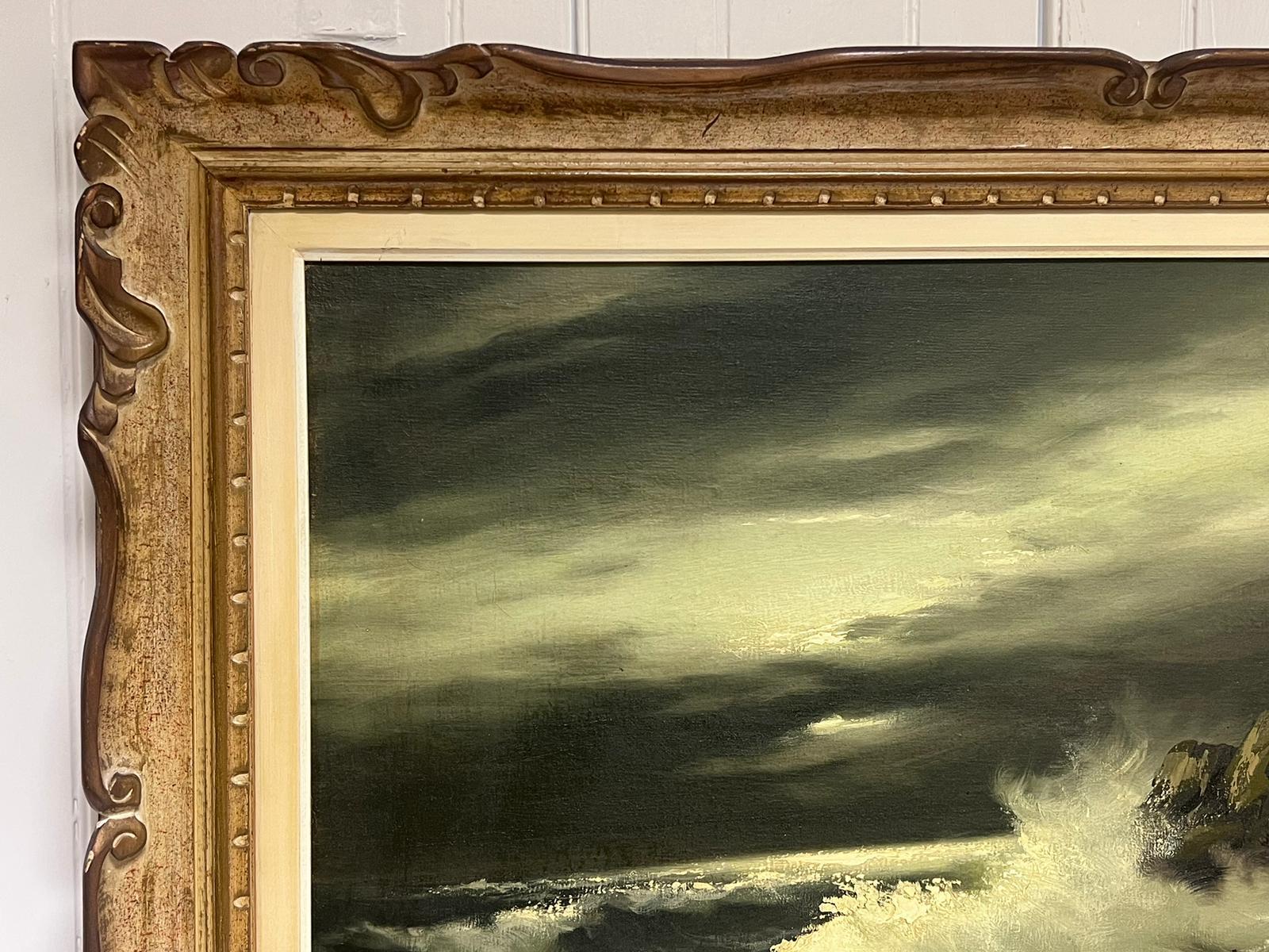 Large Italian 20th Century Signed Oil Painting Crashing Waves Moonlit Sea Coast 3