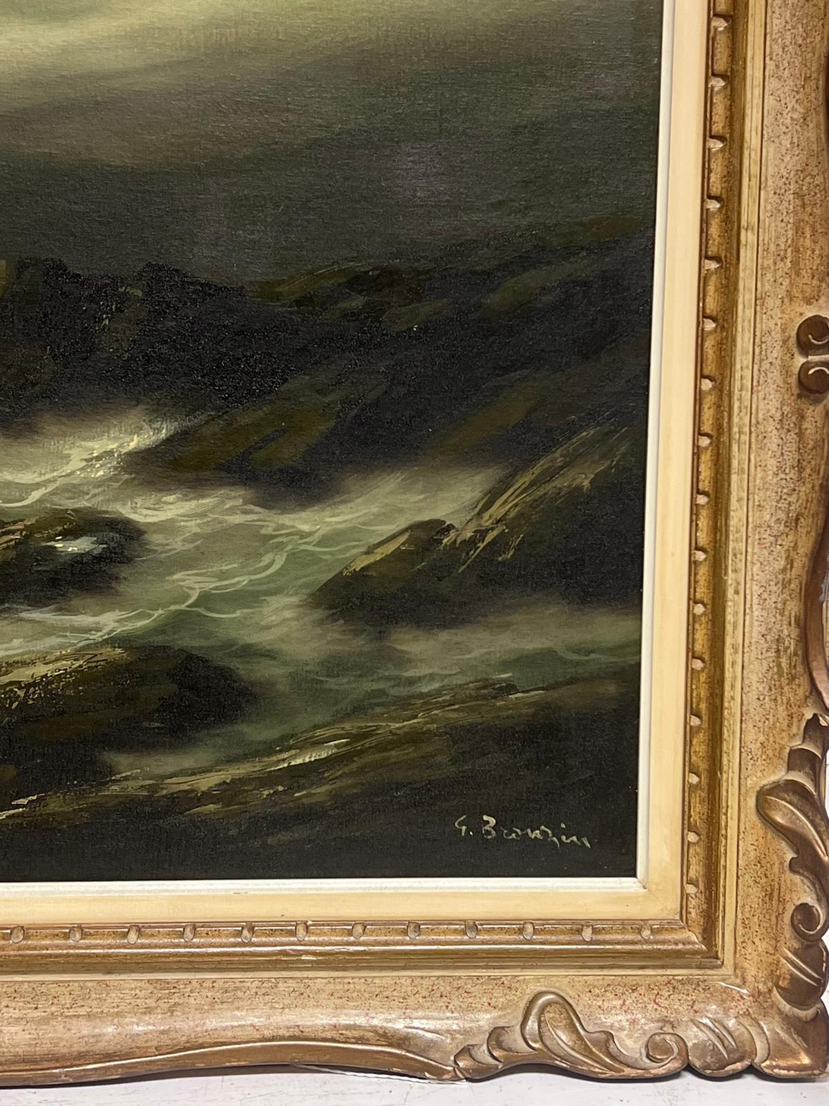Large Italian 20th Century Signed Oil Painting Crashing Waves Moonlit Sea Coast 5