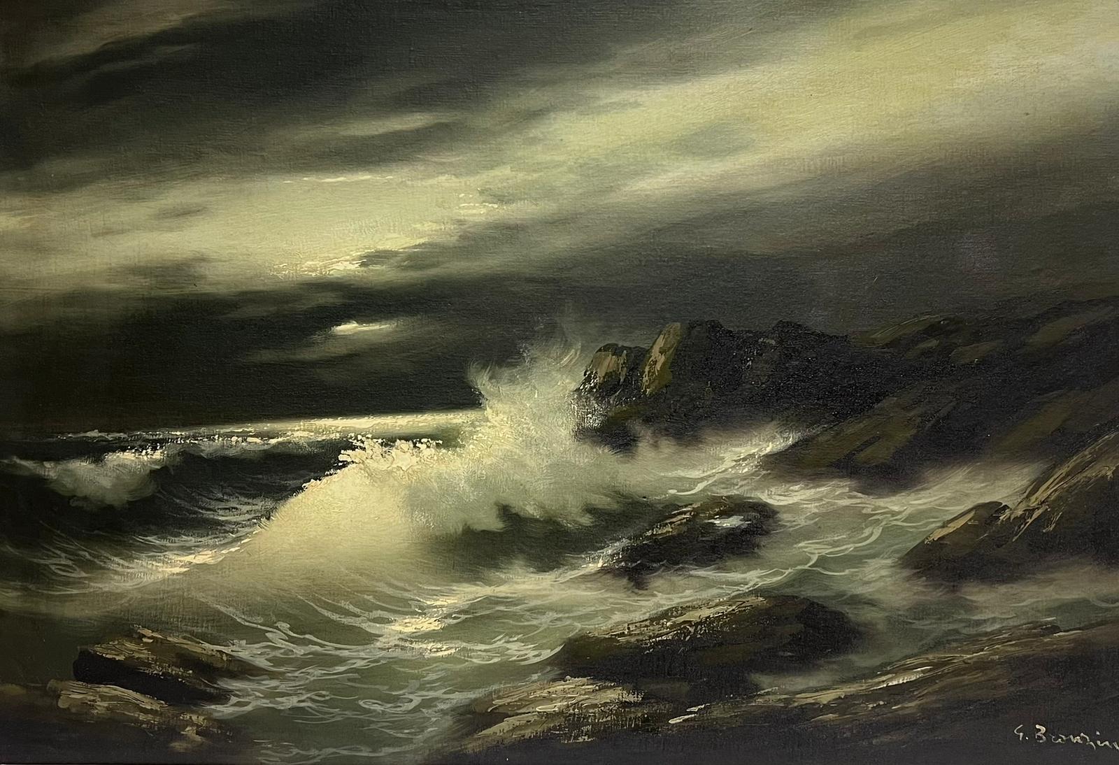 Italian School Landscape Painting - Large Italian 20th Century Signed Oil Painting Crashing Waves Moonlit Sea Coast