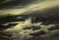 Large Italian 20th Century Signed Oil Painting Crashing Waves Moonlit Sea Coast