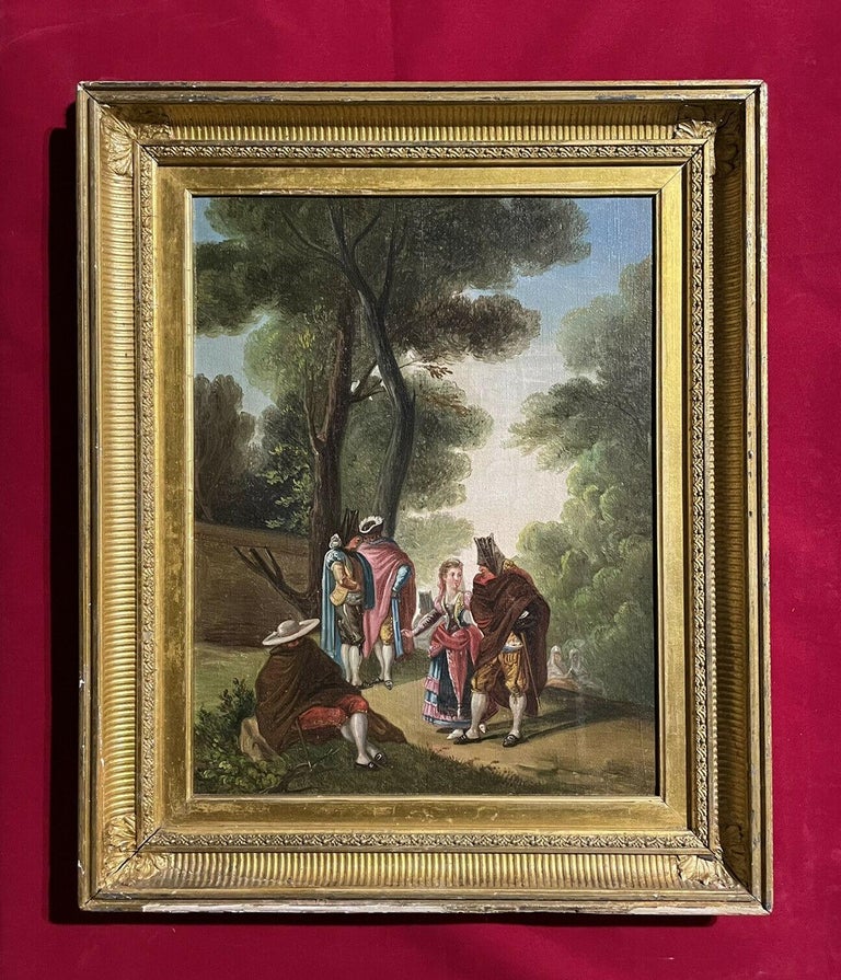 EARLY 1800'S ITALIAN OIL PAINTING ON CANVAS - FIGURES IN COUNTRY LANE - GILT FRM - Painting by Italian School