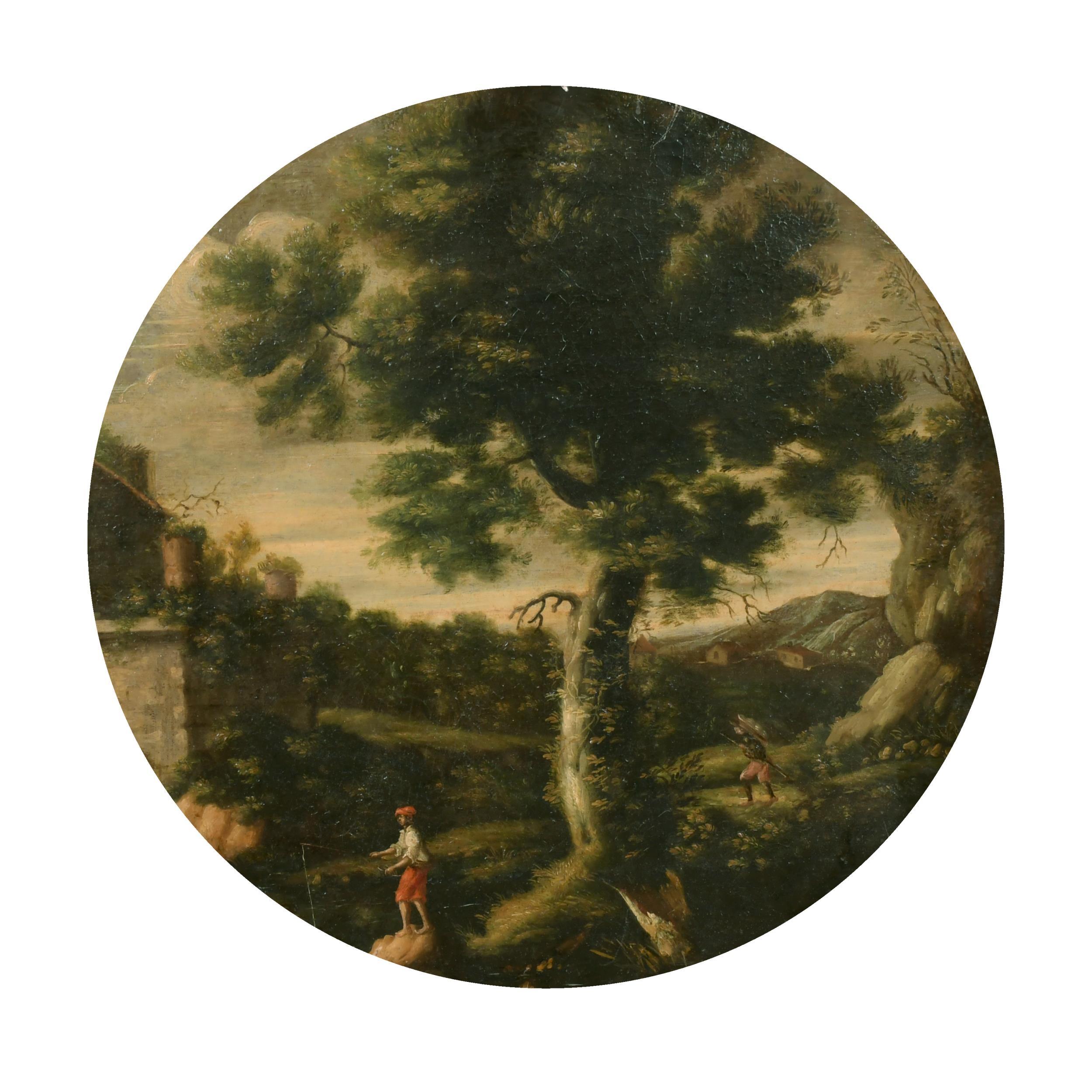 Paisaje clásico al óleo con figuras de un antiguo maestro tondo italiano de principios del siglo XVIII - Painting de Unknown