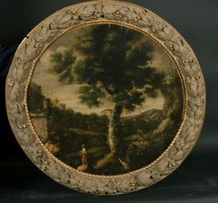 Early 18th Century Italian Old Master Tondo Oil Classical Landscape with Figures