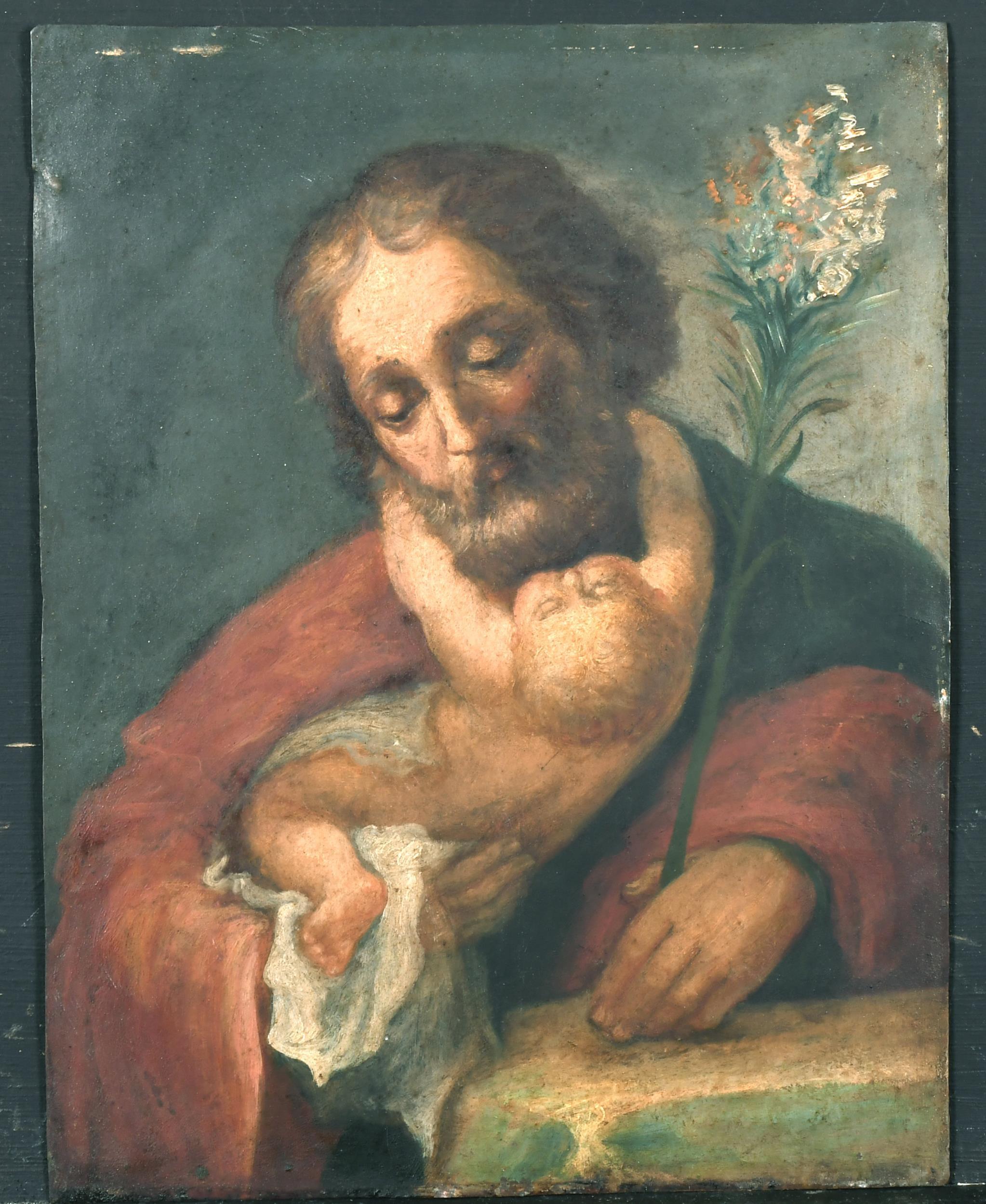 Manner of Guido Reni (1575-1642) Saint Joseph and the Christ Child Oil on Metal - Painting by Unknown
