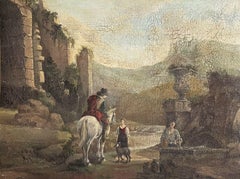 Antique Italian Oil Painting Figures Travelling in Mountain Landscape