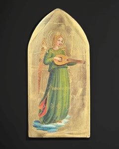Italian School Angel Musician Painting on Panel - Gothic Arch Gold Background