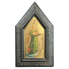 Italian School Angel Musician Painting on Panel - Gothic Arch Gold Background