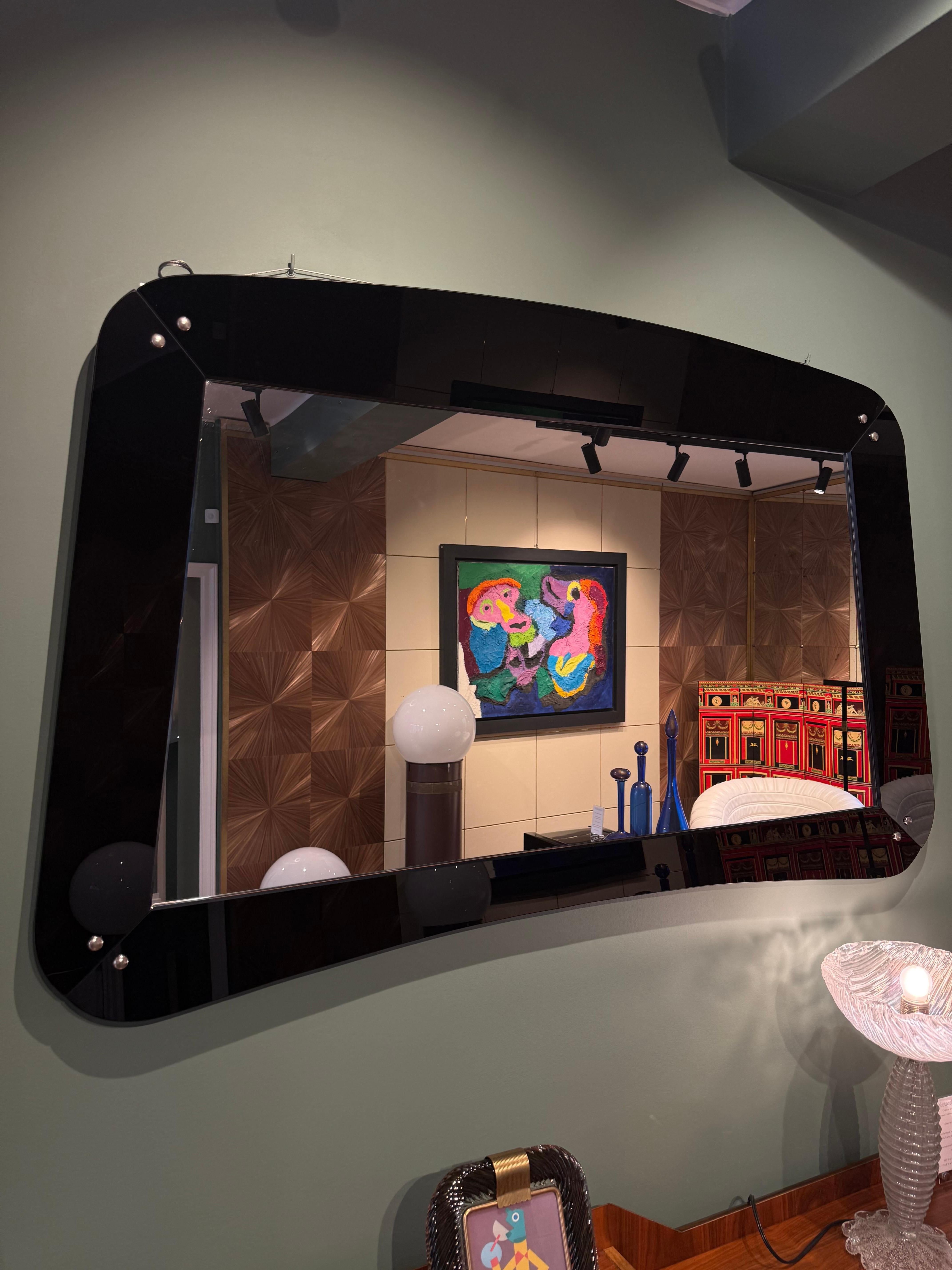 Italian School Black Opaline and Mirror Glass Framed Wall Mirror, circa 1960 In Good Condition For Sale In Milano, IT
