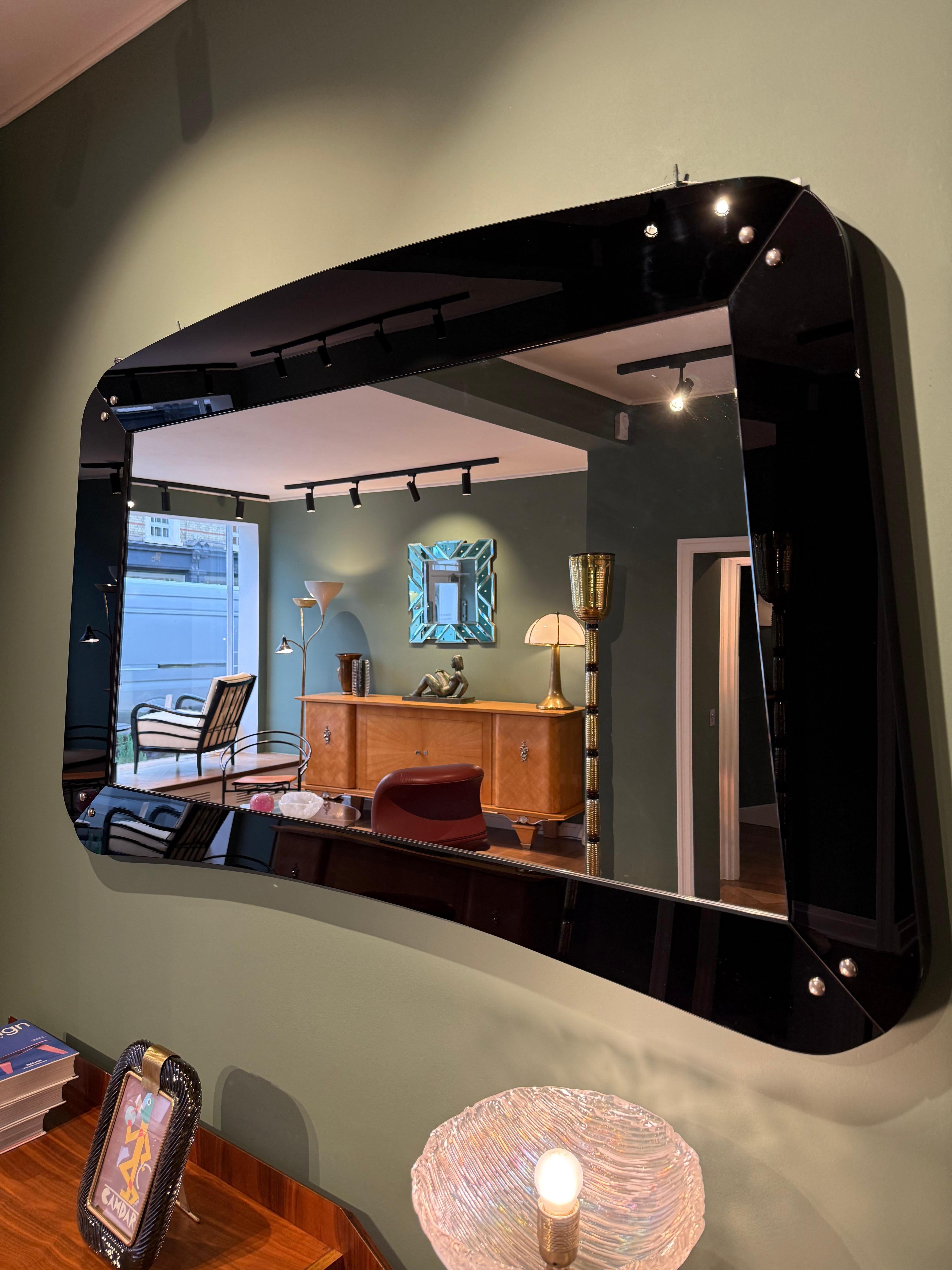 Mid-20th Century Italian School Black Opaline and Mirror Glass Framed Wall Mirror, circa 1960 For Sale