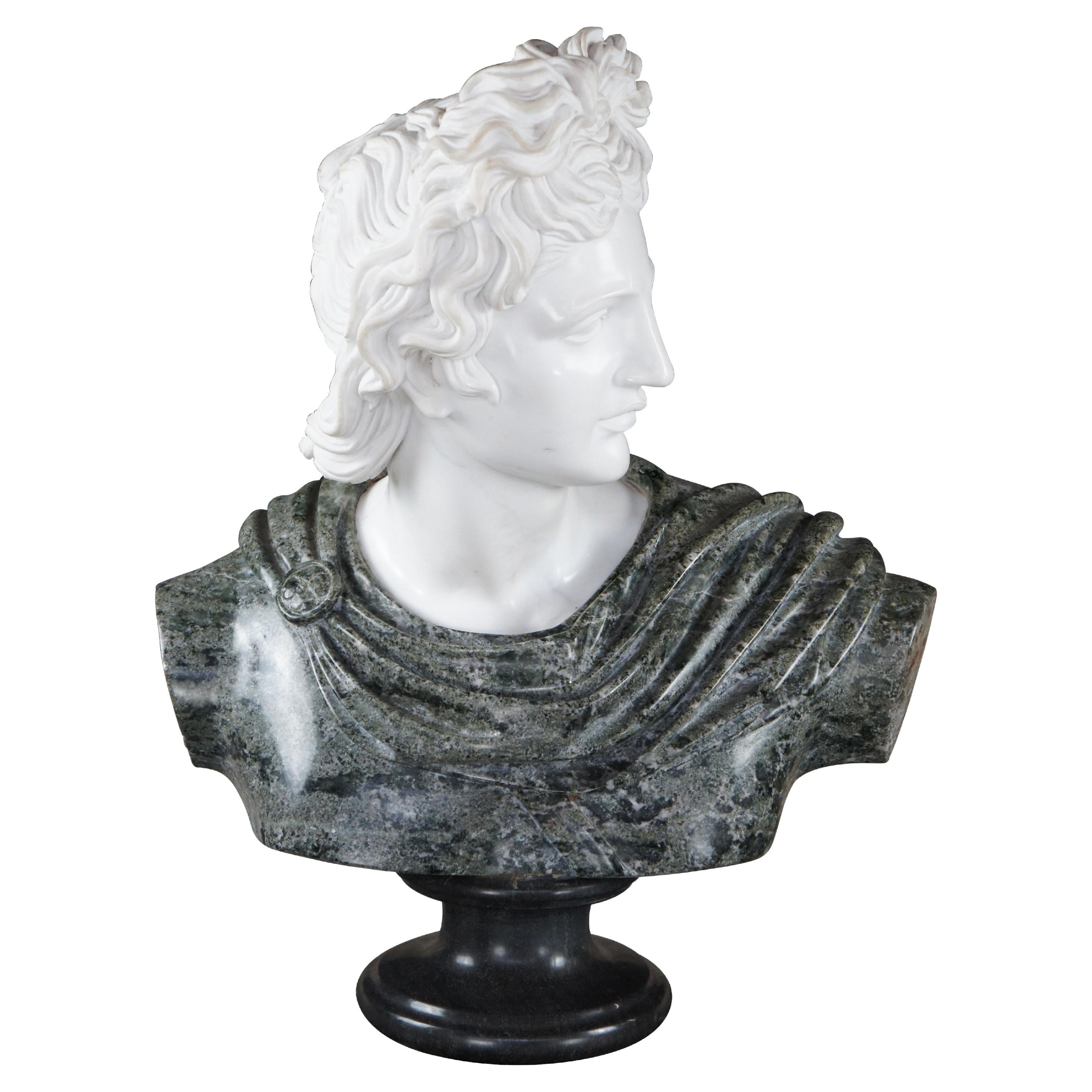 Italian School Carved Marble Two Tone Shoulder Bust Sculpture Apollo Statue 25" For Sale