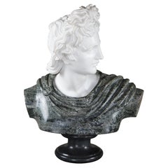 Scultura a spalla di Apollo in marmo bicolore scolpito di scuola italiana 25"