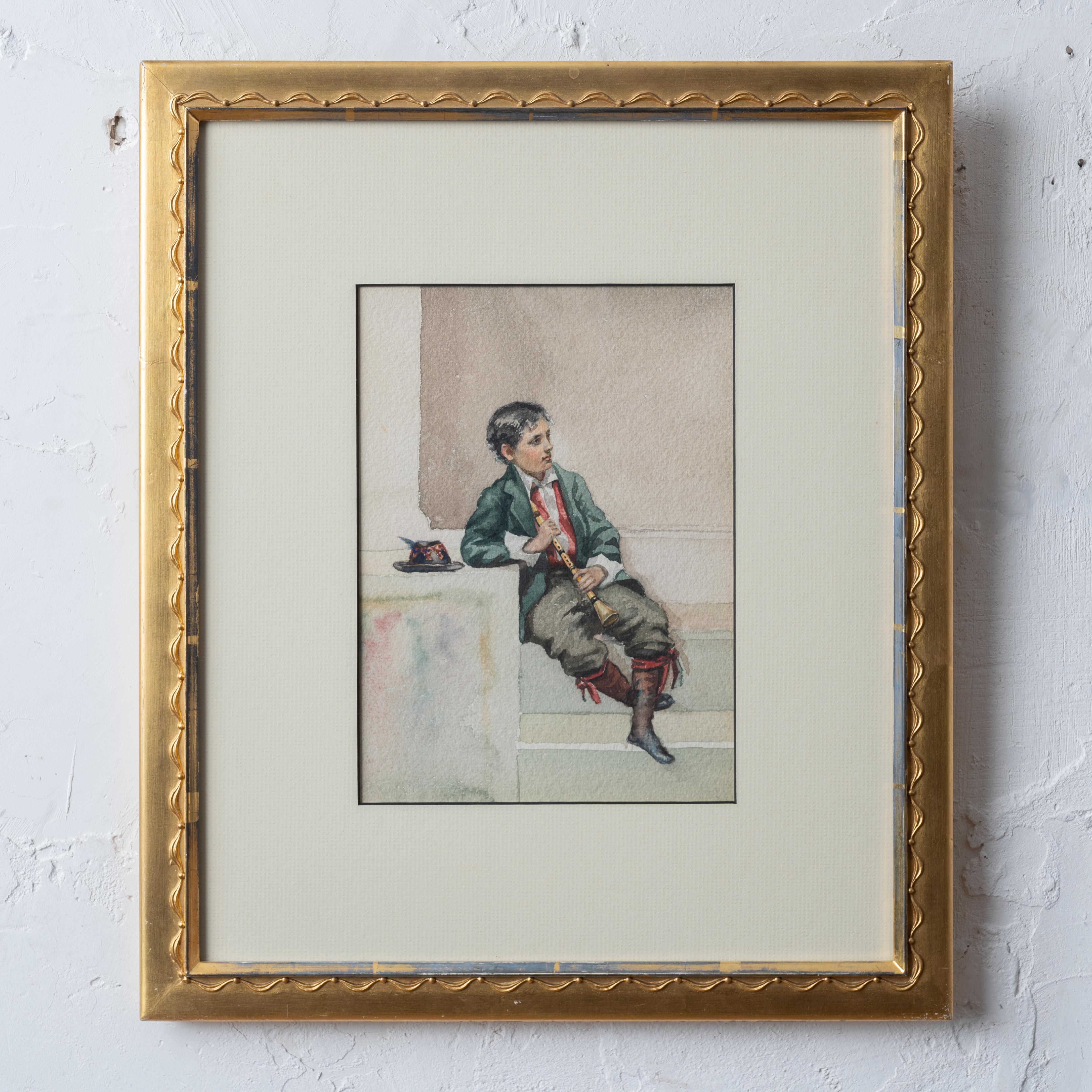 An Italian School flute player watercolor. 
Initialed verso E.O. and dated August 28, 1899.

sight: 6 ¾ by 9 ¼ inches
frame: 14 ½ by 17 ¼ inches

