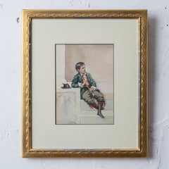 Italian School Flute Player Watercolor, 1899