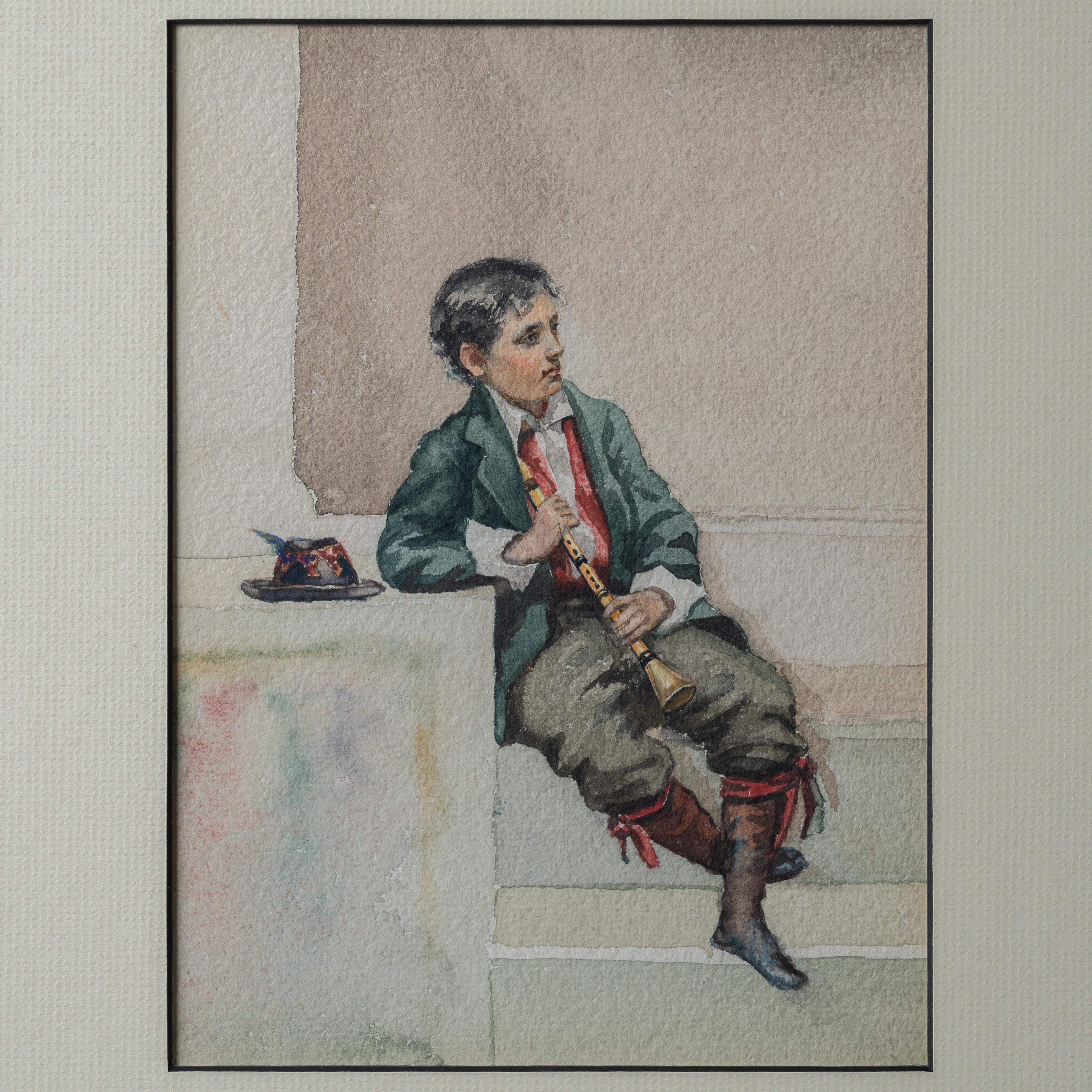 Late 19th Century Italian School Flute Player Watercolor, 1899 For Sale
