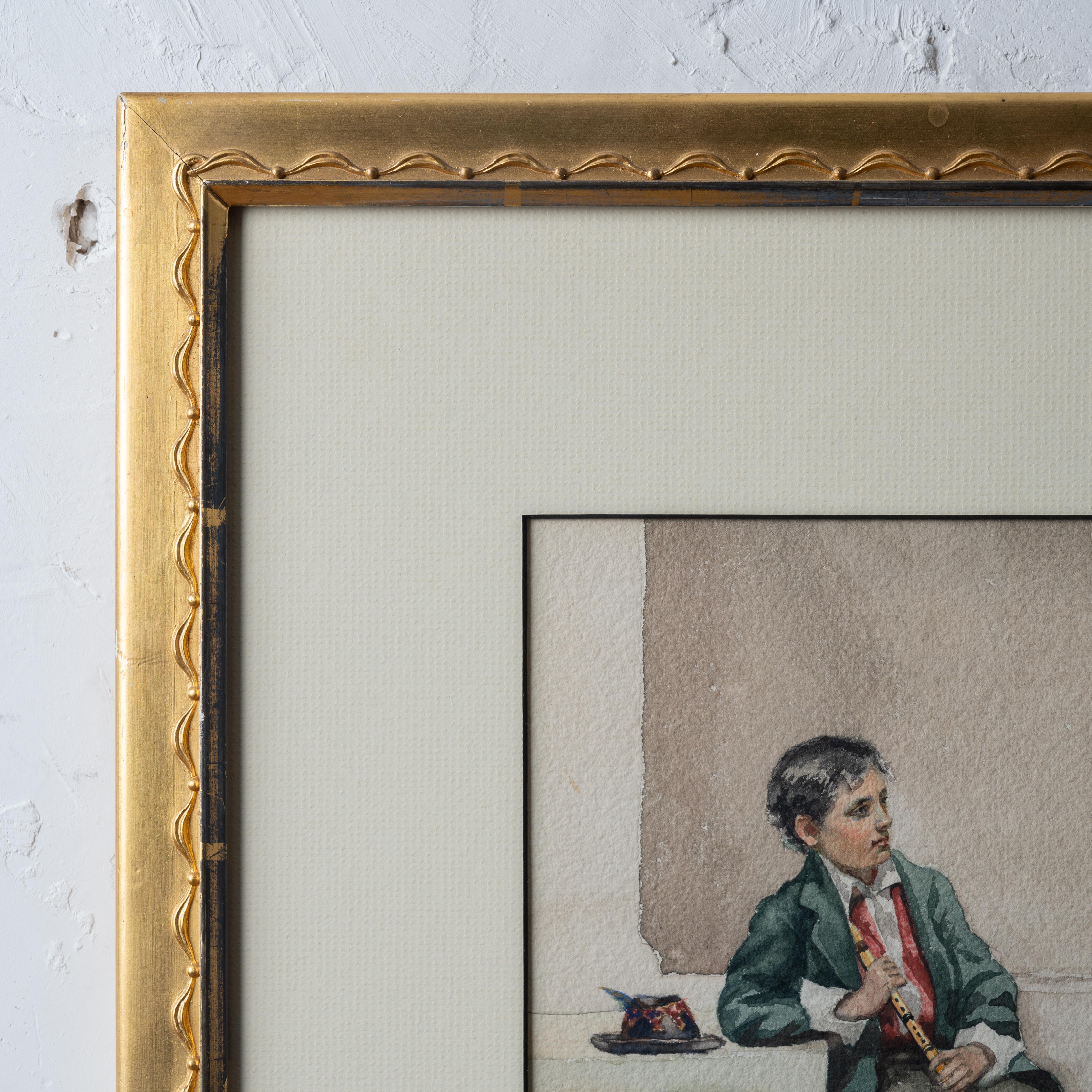 Glass Italian School Flute Player Watercolor, 1899 For Sale
