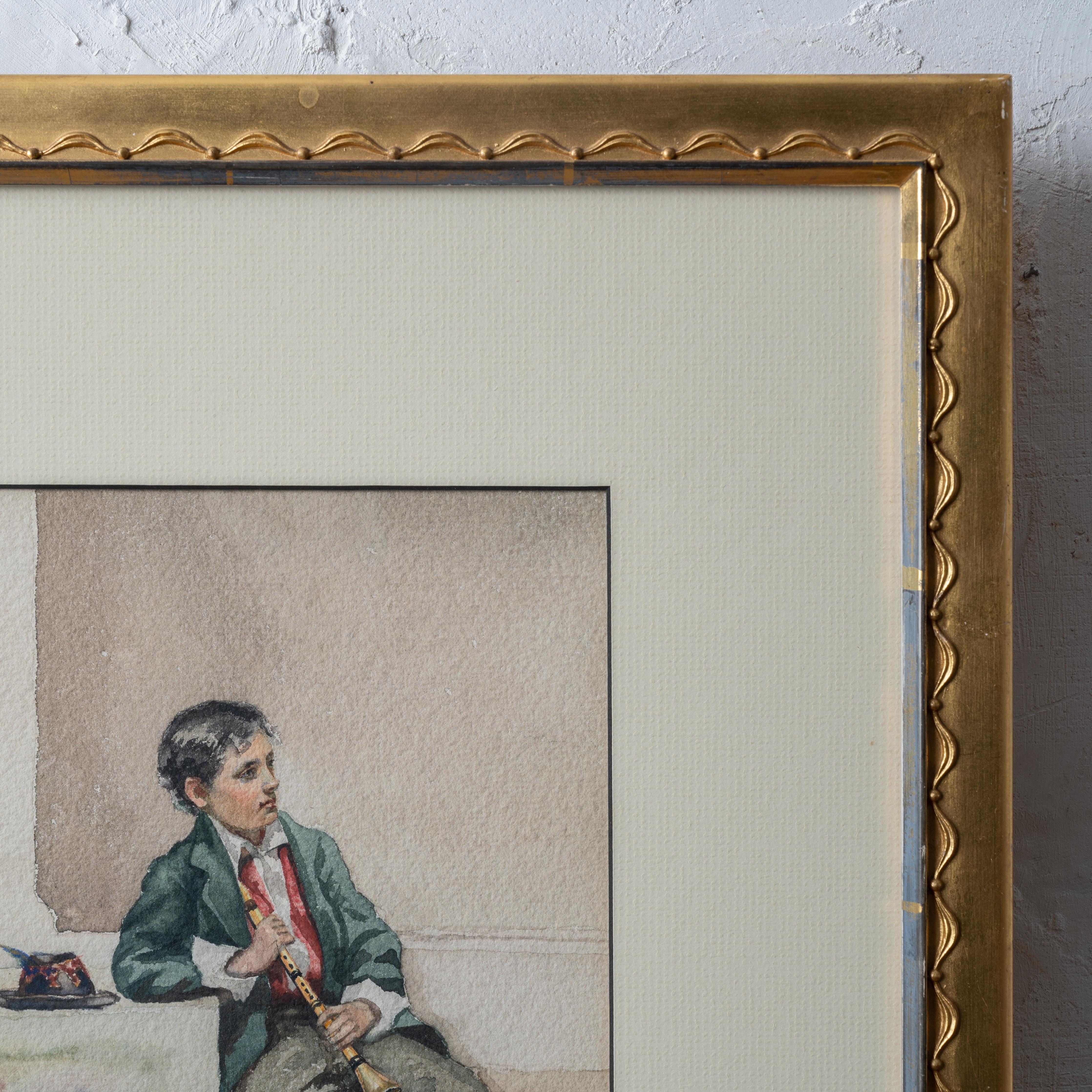 Italian School Flute Player Watercolor, 1899 For Sale 1